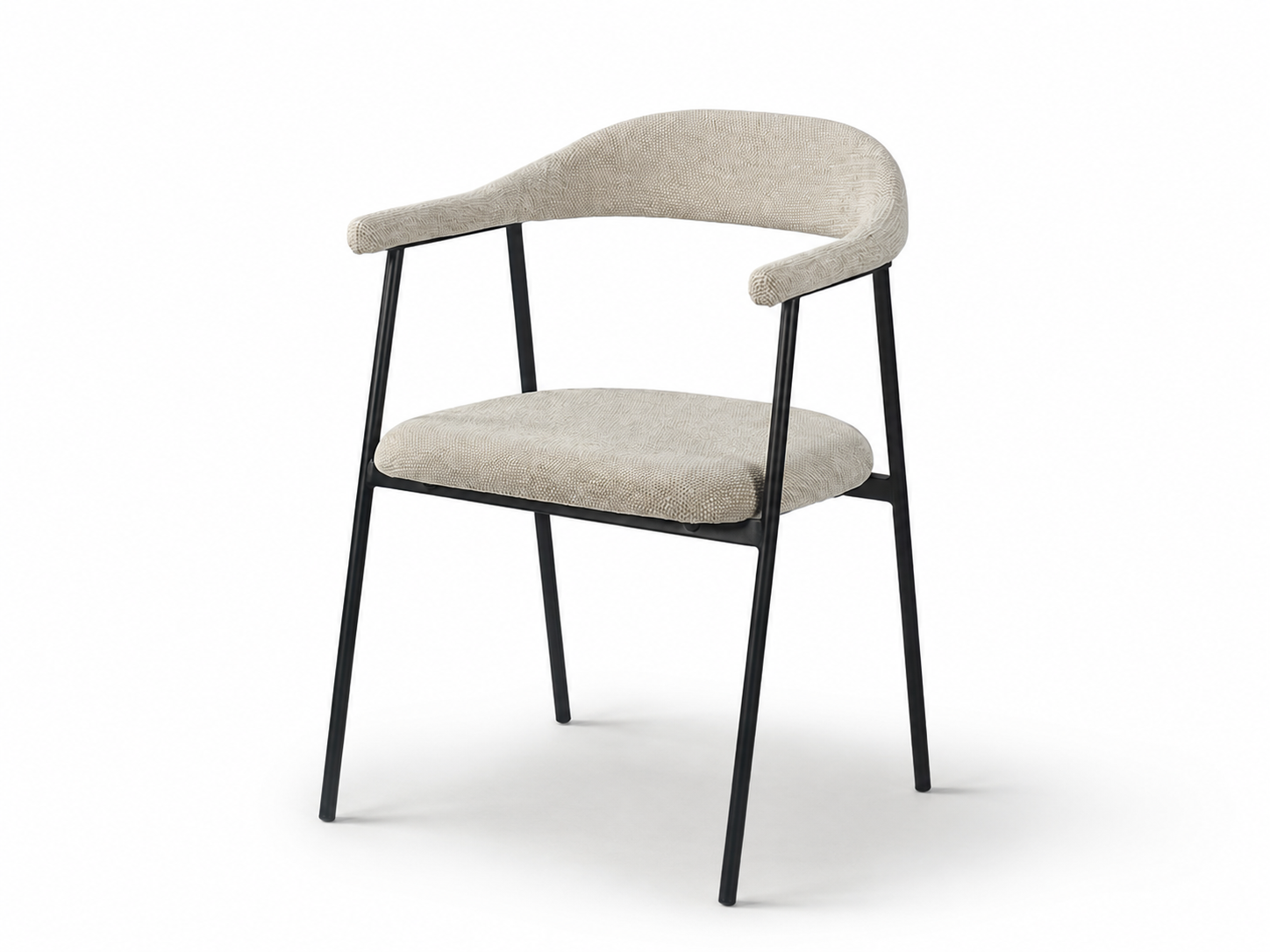 Fluid Arc Dining Chair in warm greige EZ3077 woven fabric, featuring a continuous upholstered arc backrest, open black steel frame, and lightweight dining armchair profile, model DC-3252.
