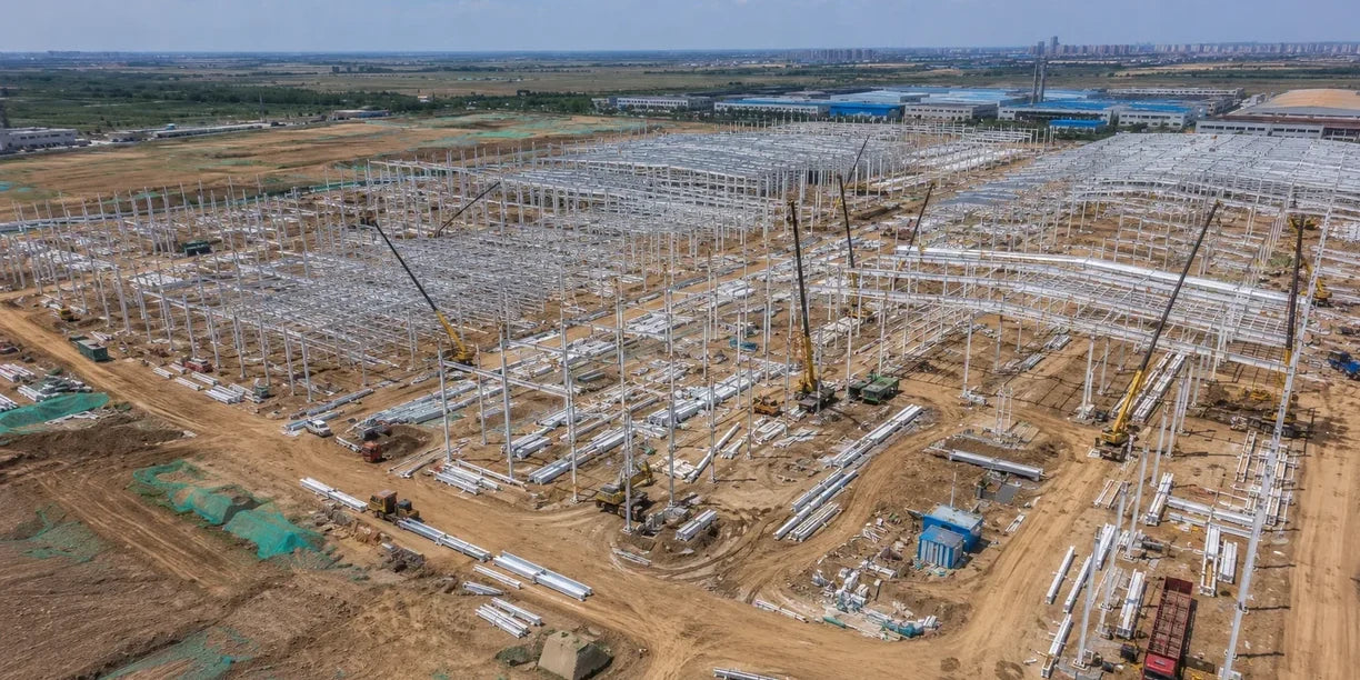 Aerial view of steel structure construction at GEYA’s future manufacturing campus in Bazhou, China