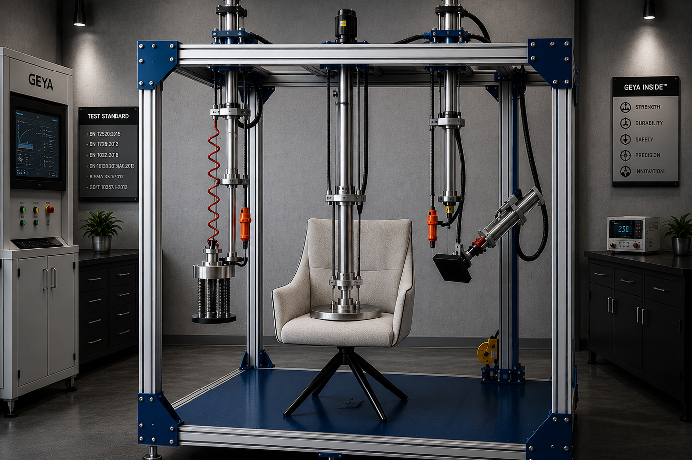 GEYA Inside performance check showing chair structure testing equipment for long-term seating reliability