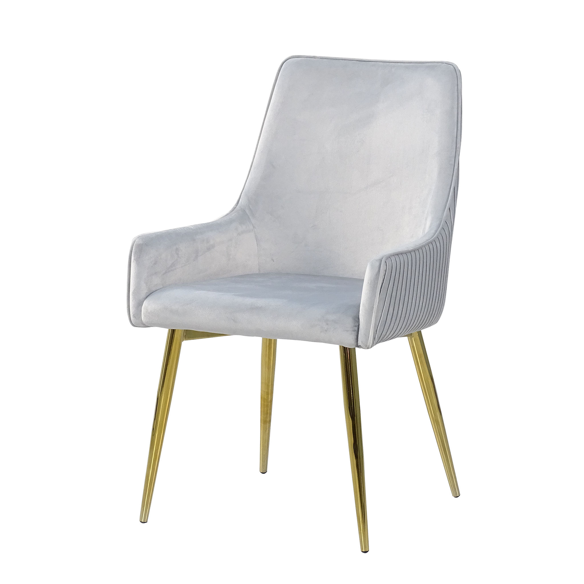 High-back channel-stitched dining armchair in silver grey velvet with gold-plated tapered steel legs and rear metal handle — GEYA Seating DC-3057