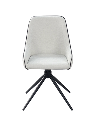 High-back swivel dining chair with light upholstery, black piping, and black metal swivel base