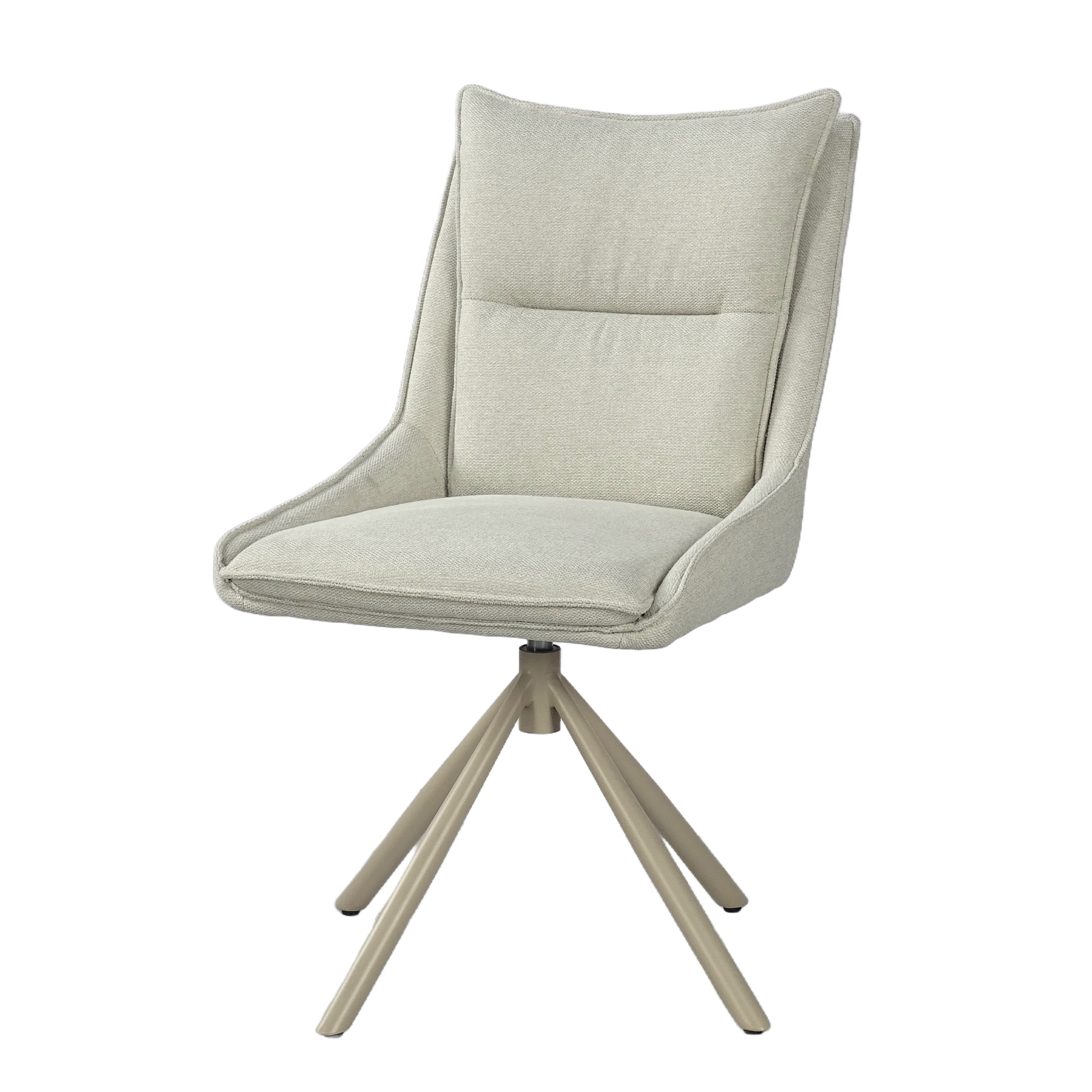 High Back Swivel Meeting Chair in warm ivory linen-blend upholstery with a sculpted wraparound shell, champagne-tone four-star swivel base, and modern light office profile, model DC-5075.