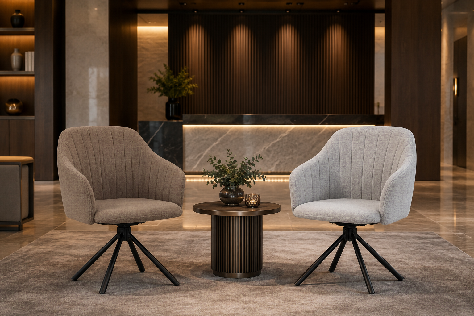 Channel-tufted swivel chairs hotel lobby reception area warm taupe greige soft light grey DC-5002