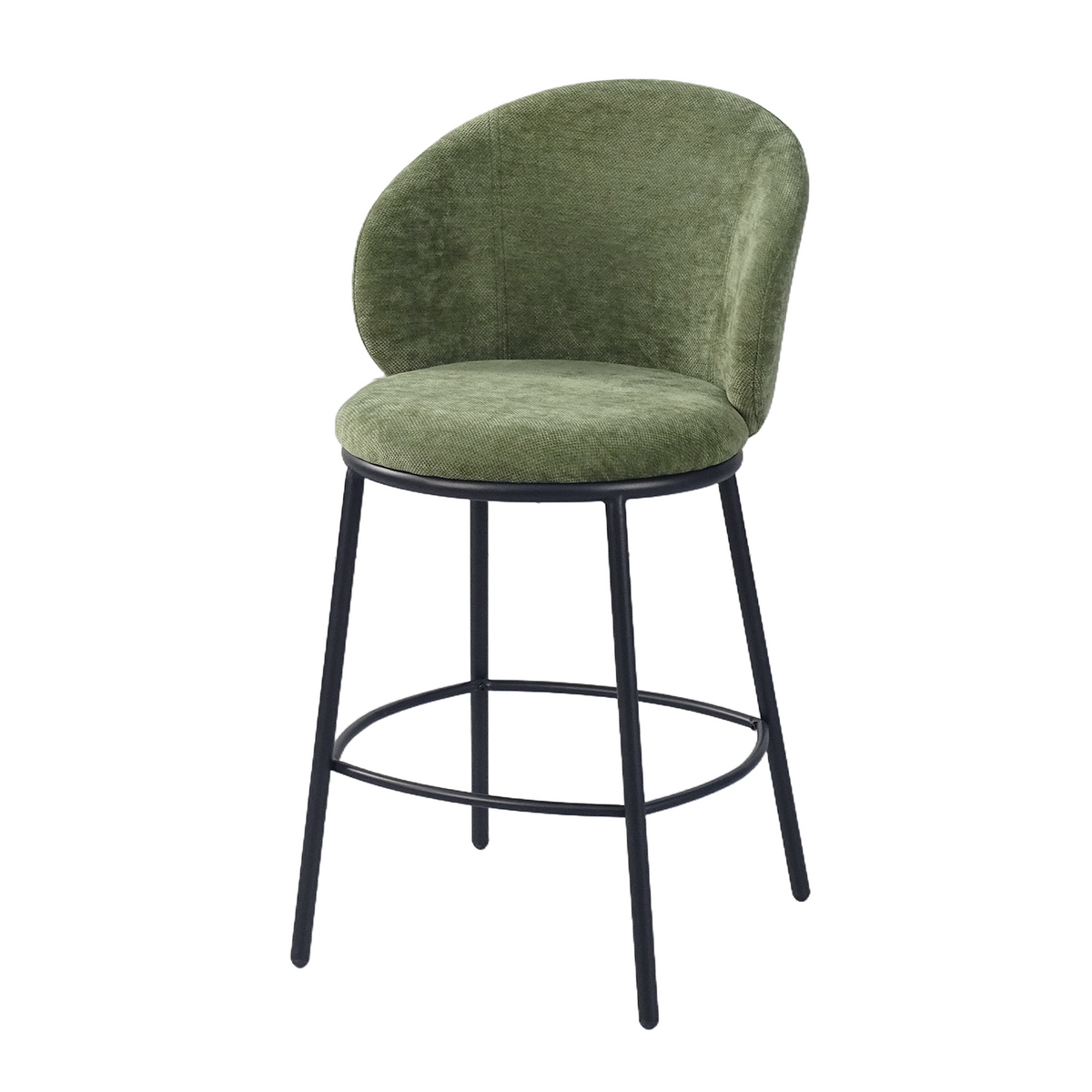 Linen-look bar stool in olive green with a curved back and circular ring footrest, GEYA Seating BC-137-750