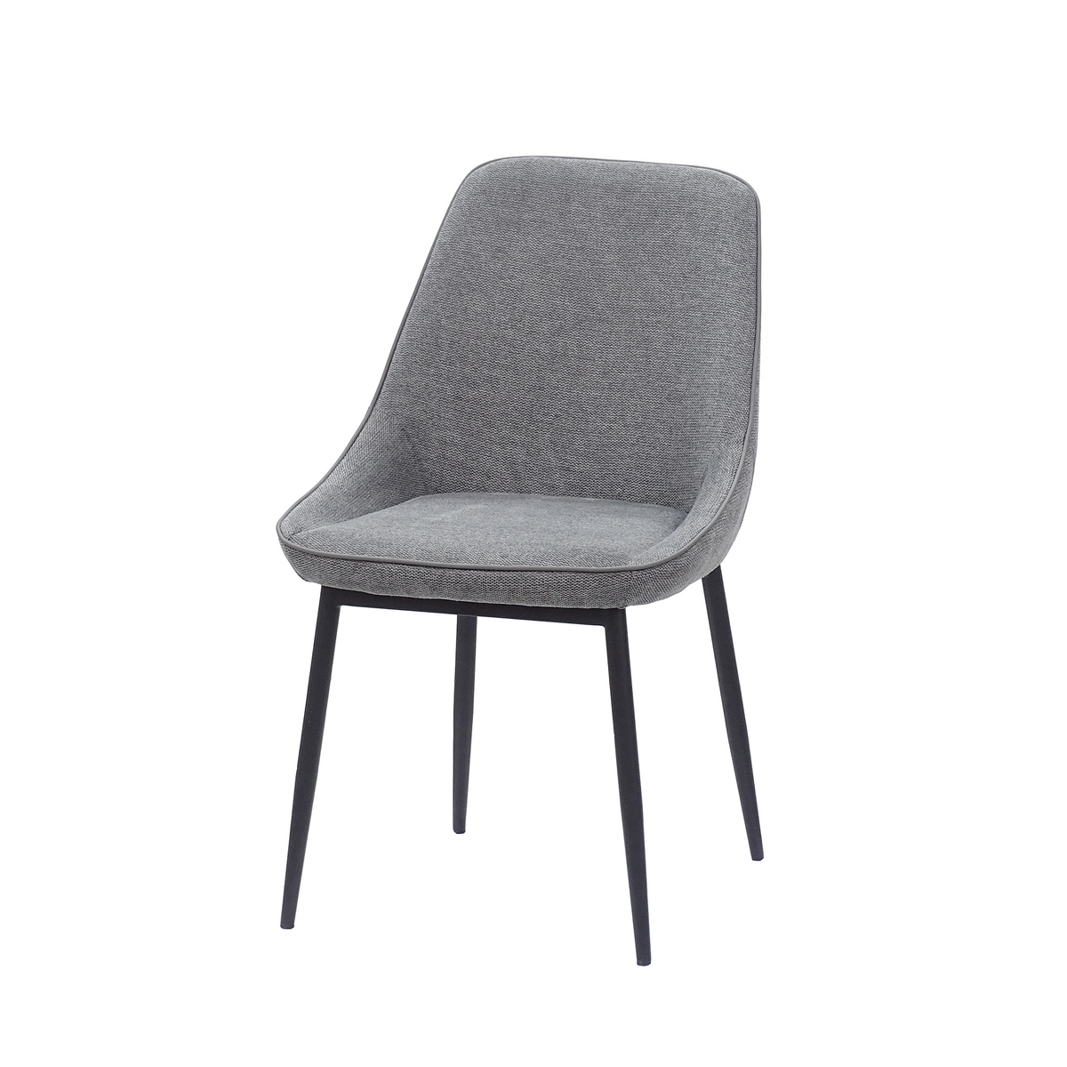 Curved-back dining chair in dark grey linen look upholstery with slender tapered steel frame, DC-1856