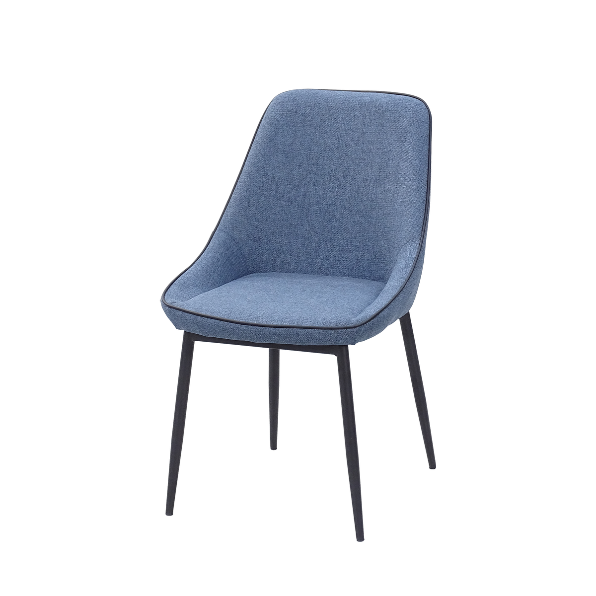 Curved-back dining chair in denim blue linen look upholstery with slender tapered steel legs, DC-1856