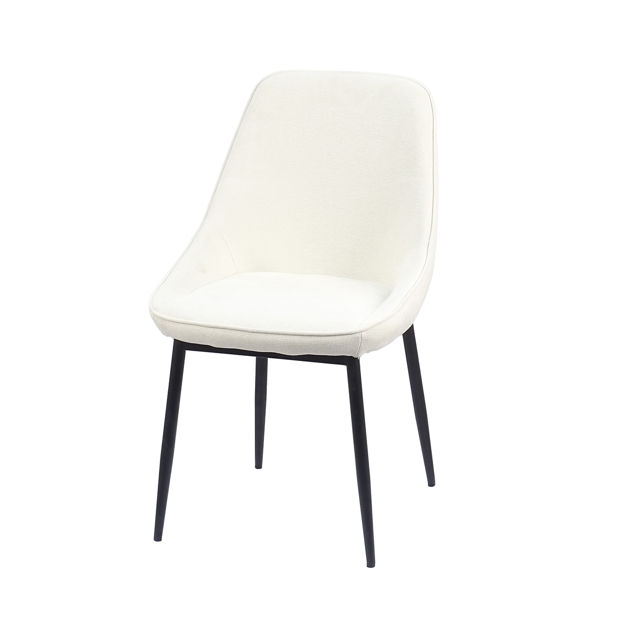 Curved-back upholstered dining chair in ivory linen look fabric with tapered black steel legs, DC-1856
