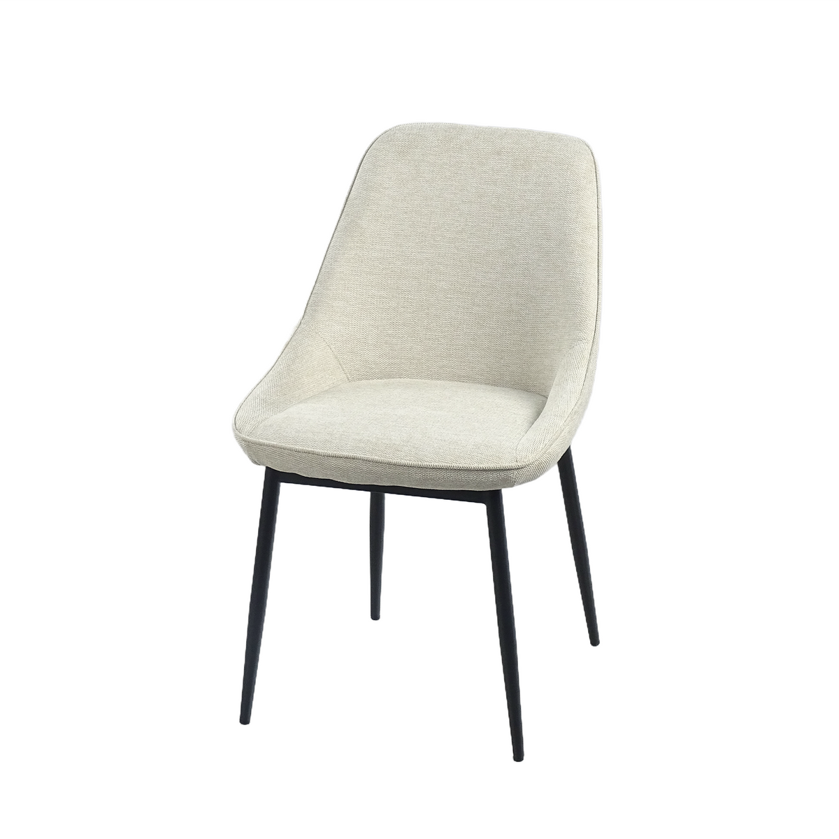 Upholstered curved-back dining chair in natural linen look fabric with textured black steel base, DC-1856