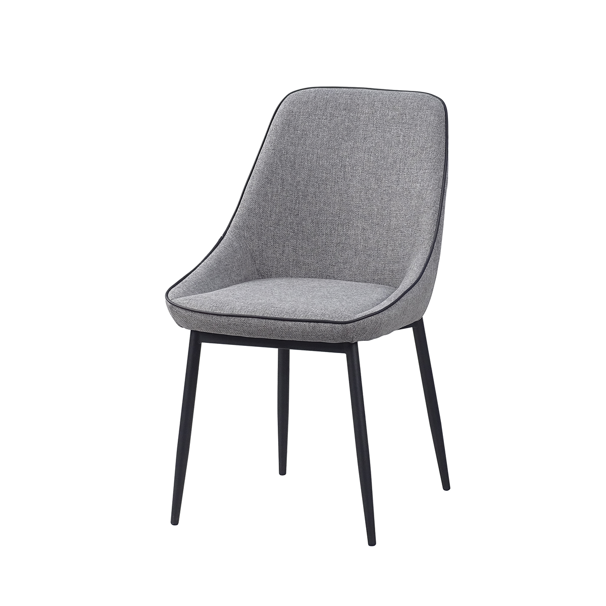 Curved-back upholstered dining chair in steel grey linen look with fully upholstered shell and black steel legs, DC-1856
