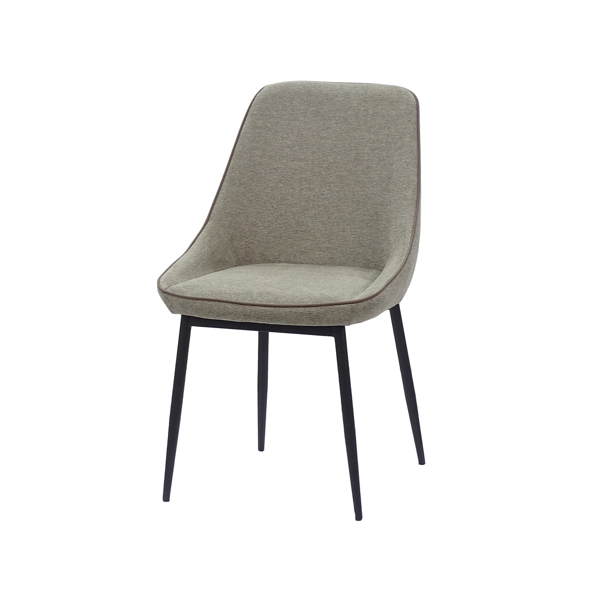 Linen look curved-back upholstered dining chair in warm taupe with textured black steel legs, GEYA Seating DC-1856