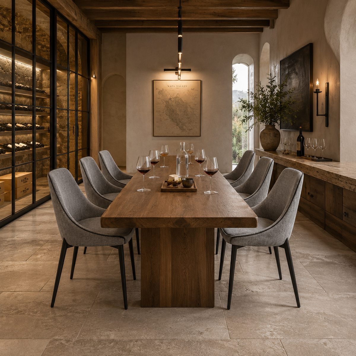 Curved-back linen look dining chairs in a wine tasting room with stone floor and cellar backdrop DC-1856