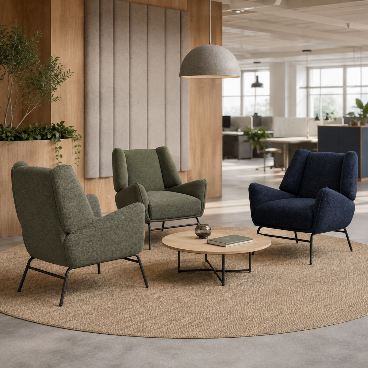 Upholstered lounge chair collection in mixed Micro Bouclé colours arranged around a round table in an open-plan commercial space, RC-10