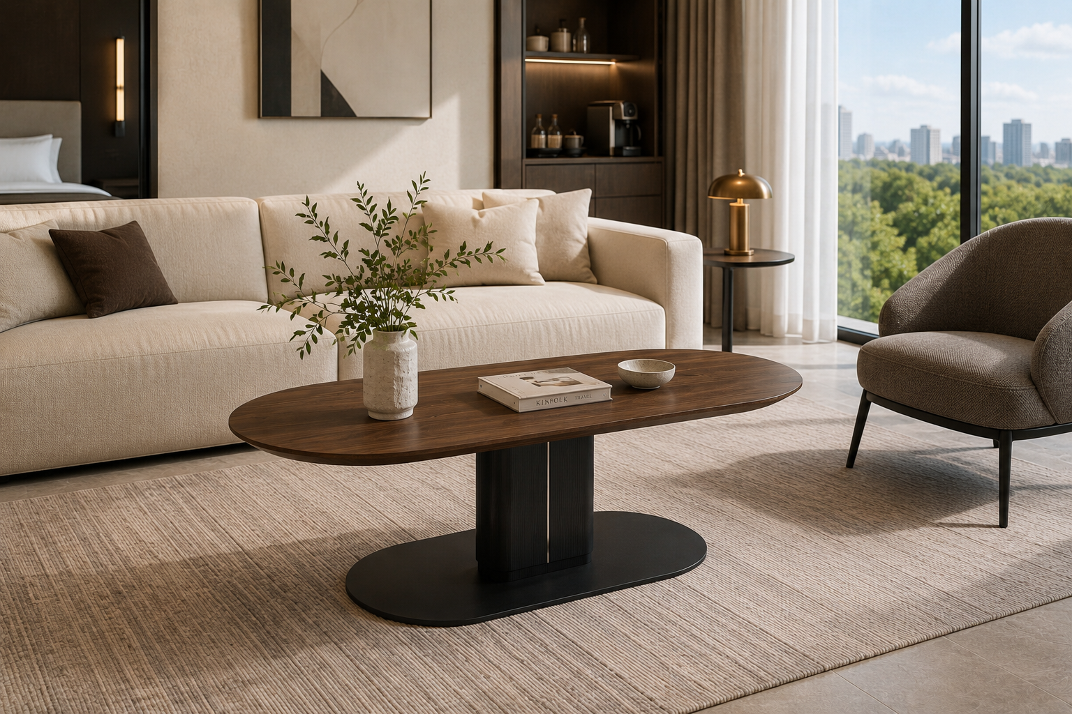 CT-38 walnut-effect rounded coffee table in a modern luxury living room with a cream sofa, lounge chair and city garden view.