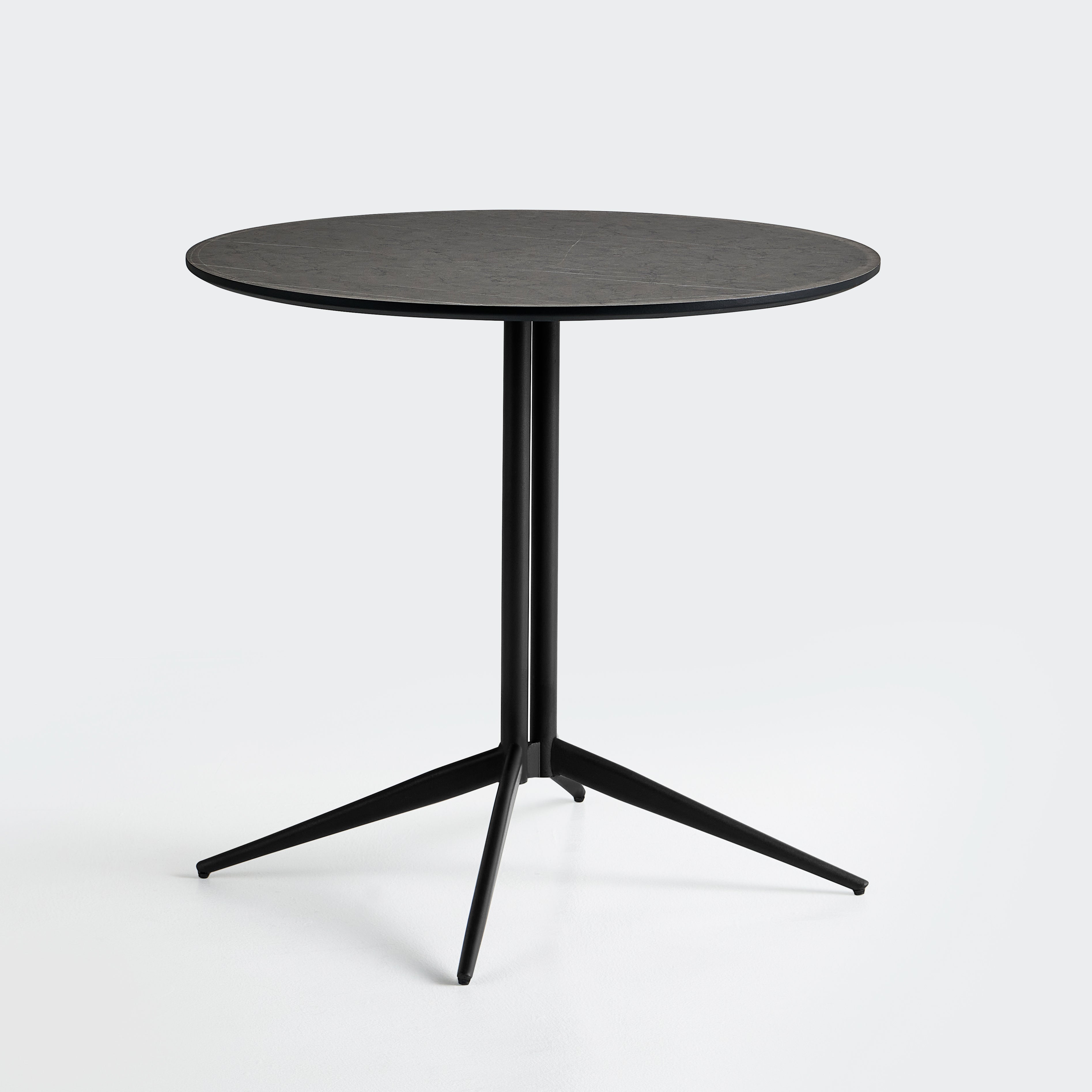 T-197 Round Melamine Bistro Table on Splayed 4-Leg Base — Black, Matte Black Sand-Grain Powder-Coat Steel Frame — GEYA Seating