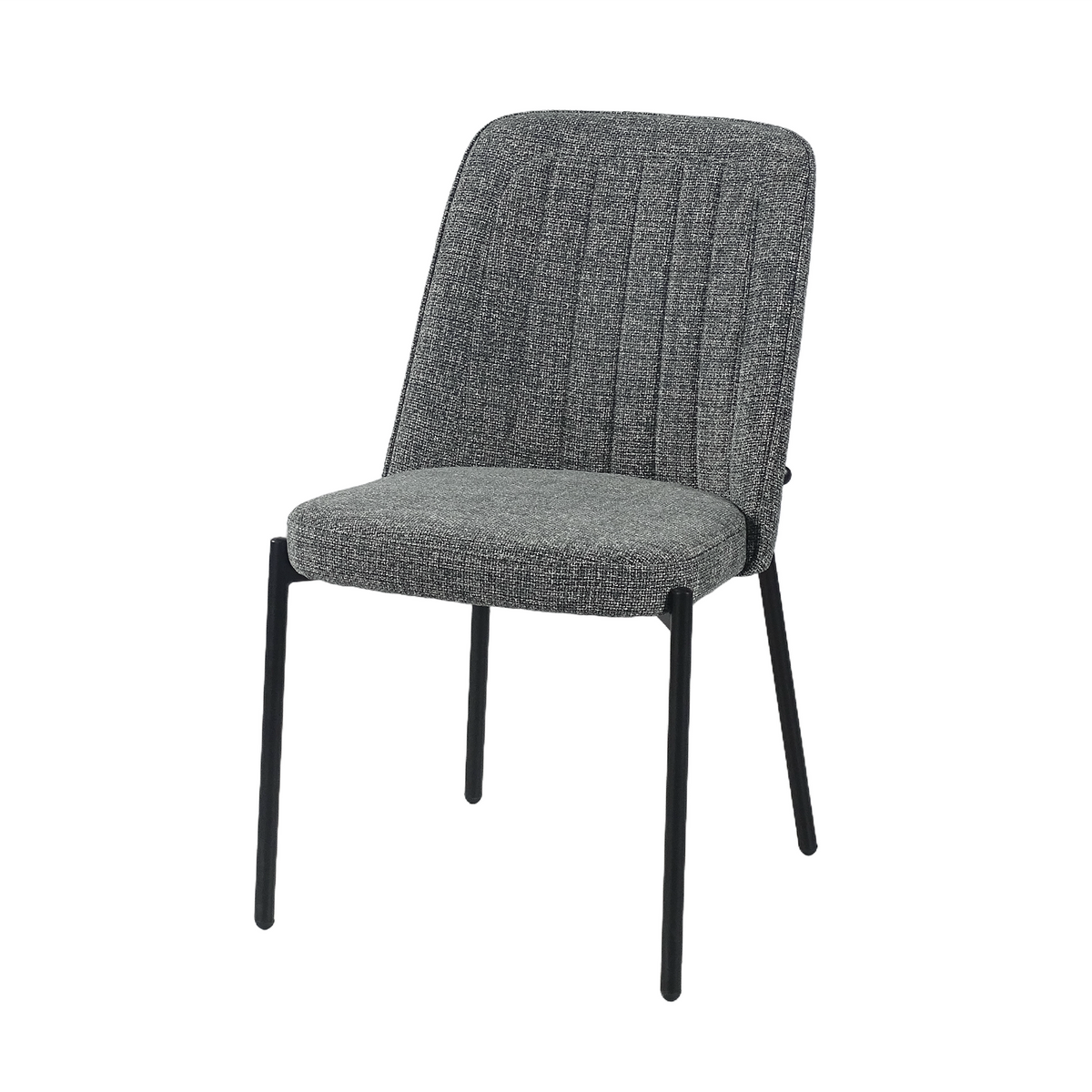 Armless channel-stitched dining chair in charcoal grey mélange woven fabric, curved rear support rail, black steel legs, boutique restaurant, DC-3222