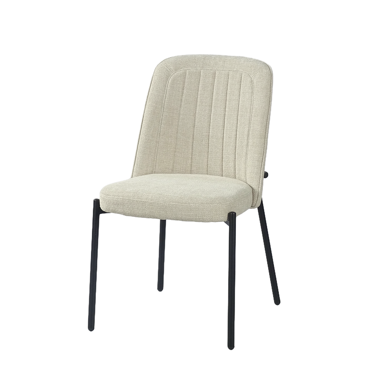 Armless channel-stitched dining chair in warm ivory mélange woven fabric, curved rear support rail, black steel legs, hotel hospitality dining, DC-3222