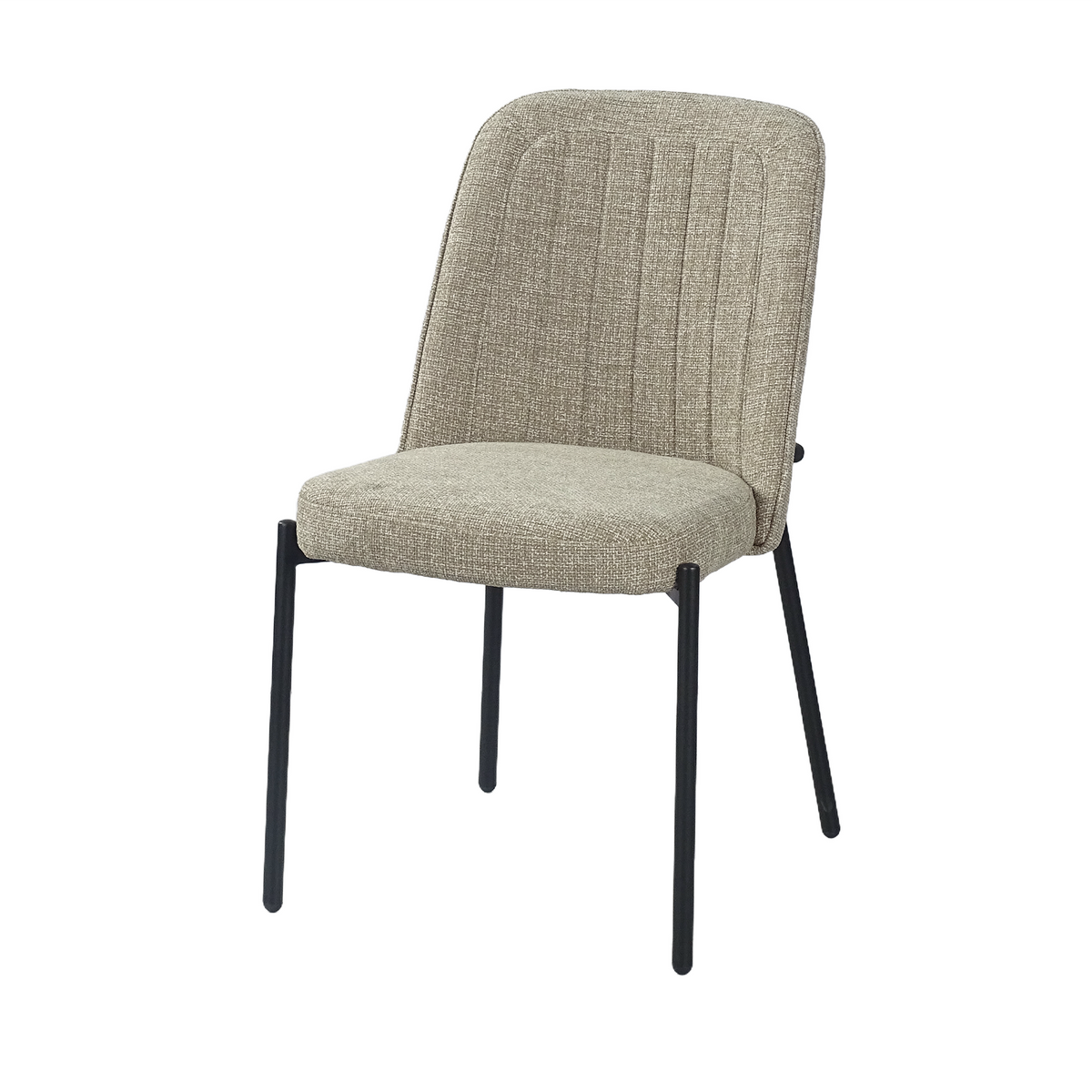 Armless channel-stitched dining chair in warm taupe mélange woven fabric, curved rear support rail, black steel legs, residential dining, GEYA Seating DC-3222