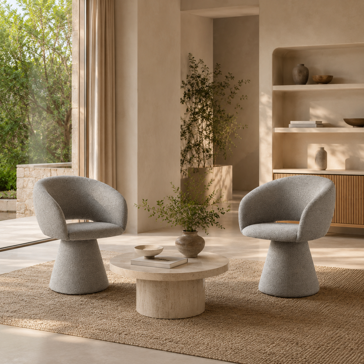 Melange woven pedestal swivel lounge armchairs in a boutique hotel reception area with a round low table, warm neutral interior, and soft natural daylight.