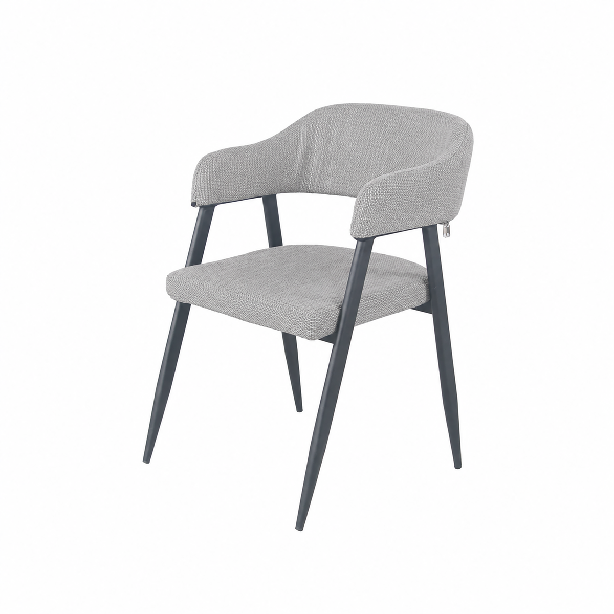 Wraparound open-back dining armchair in pebble grey mélange woven fabric, tapered black steel legs, hotel and hospitality dining, DC-1536
