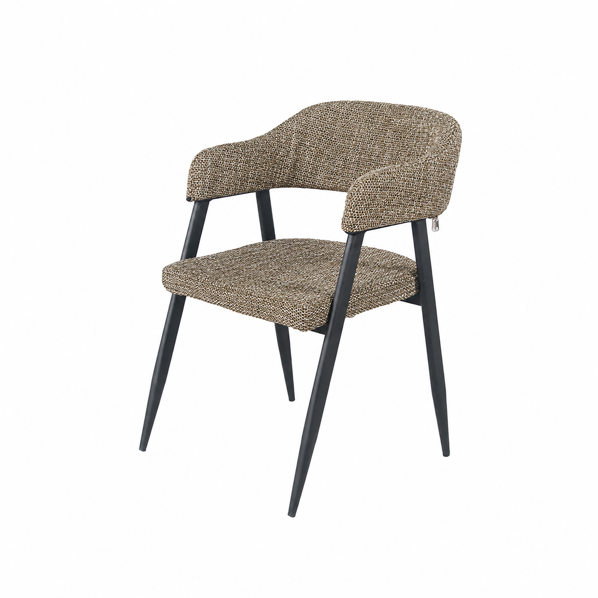 Wraparound open-back dining armchair in walnut brown mélange woven fabric, tapered black steel legs, boutique restaurant seating, DC-1536