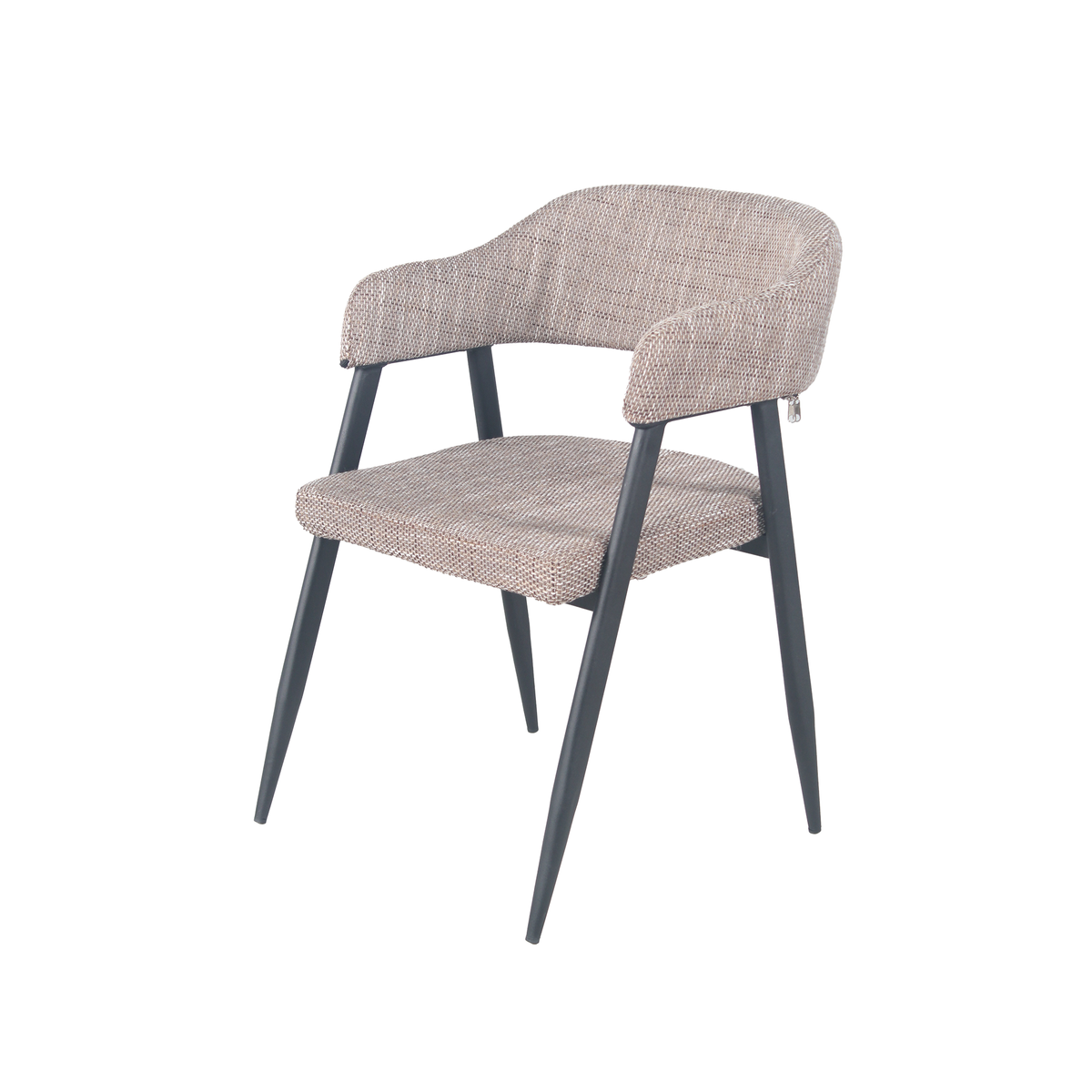 Wraparound open-back dining armchair in warm oatmeal beige mélange woven fabric, tapered black steel legs, residential dining, GEYA Seating DC-1536
