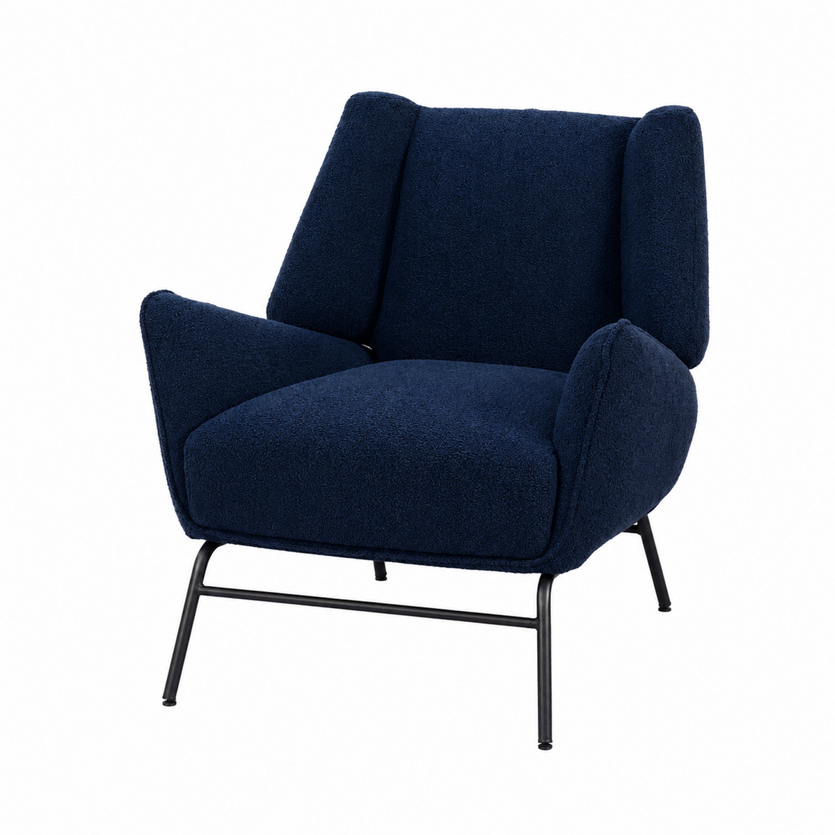 Deep Navy Micro Bouclé lounge chair with high winged back, low padded arms and black tubular steel base, RC-10