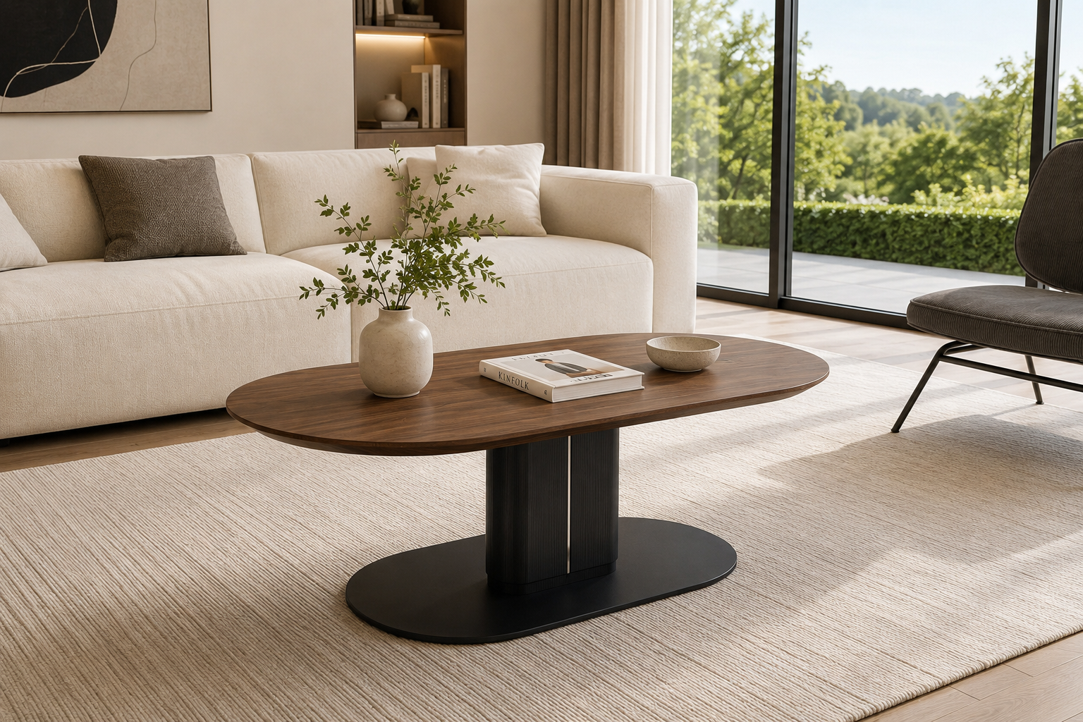 CT-38 walnut-effect rounded coffee table in a modern residential living room with a cream sofa, light textured rug and clear garden view.
