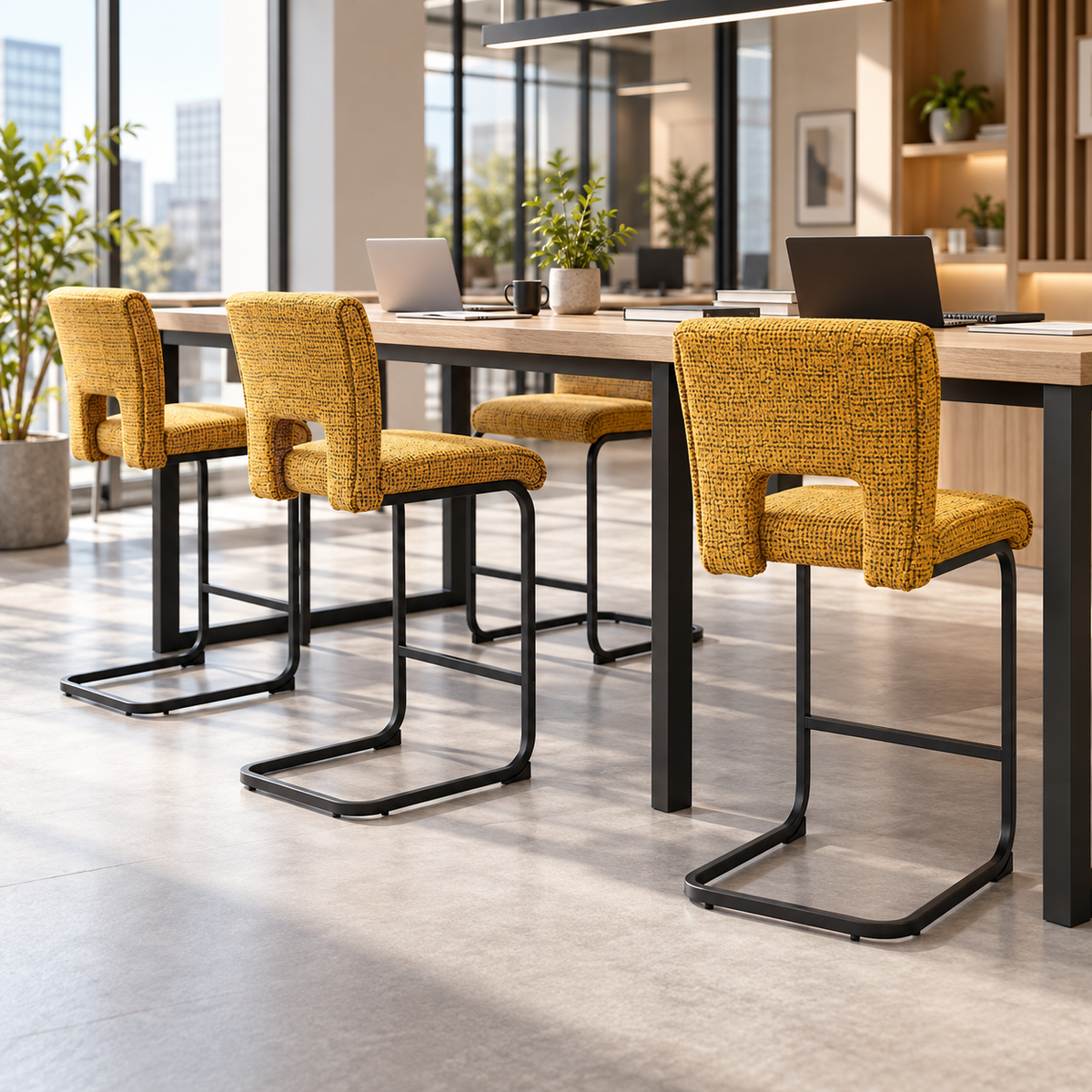 Mustard cantilever bar stools at a communal high table in a modern corporate workspace, BC-93-750
