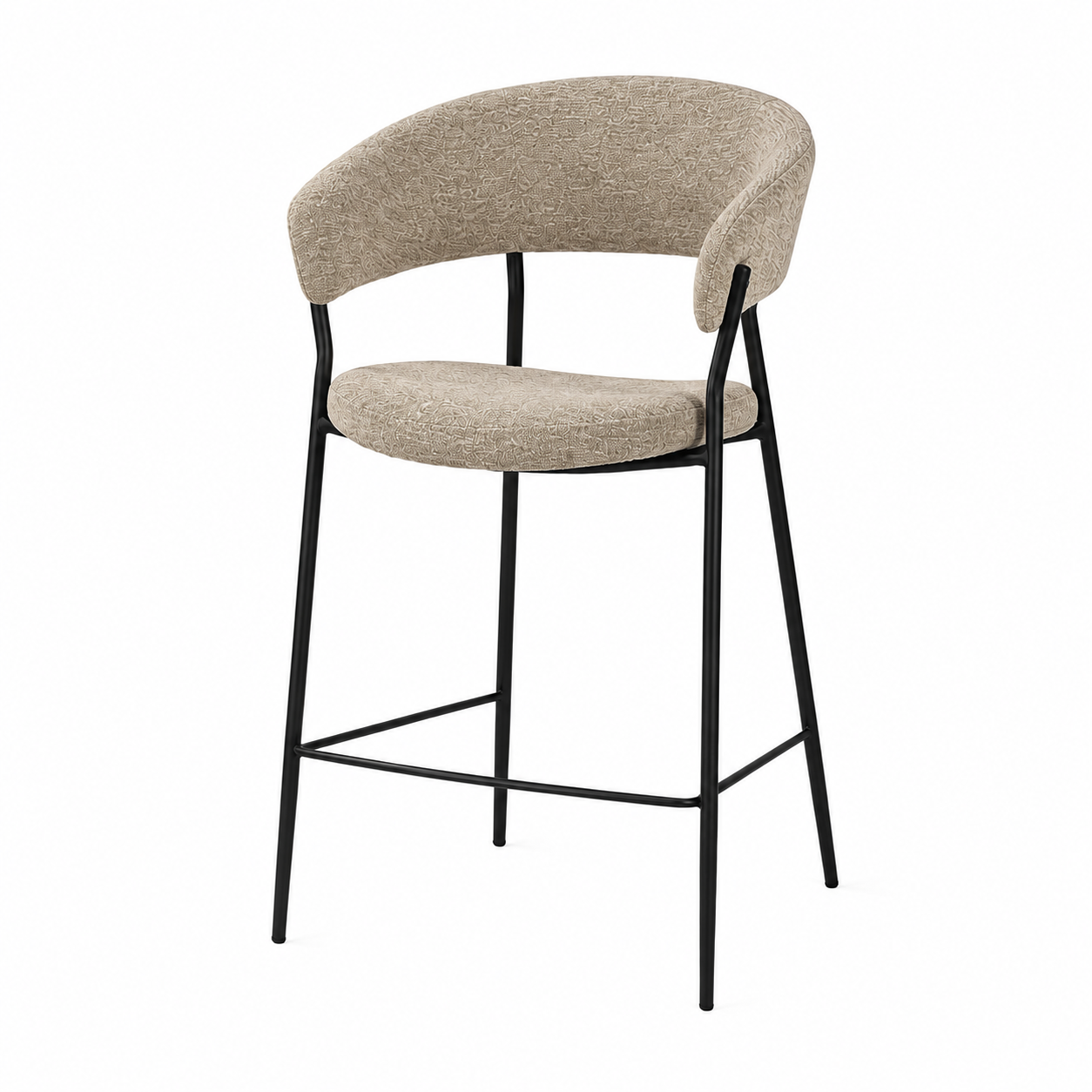 BC-163 counter stool in sand taupe textured fabric, open-arm silhouette, matte black steel base