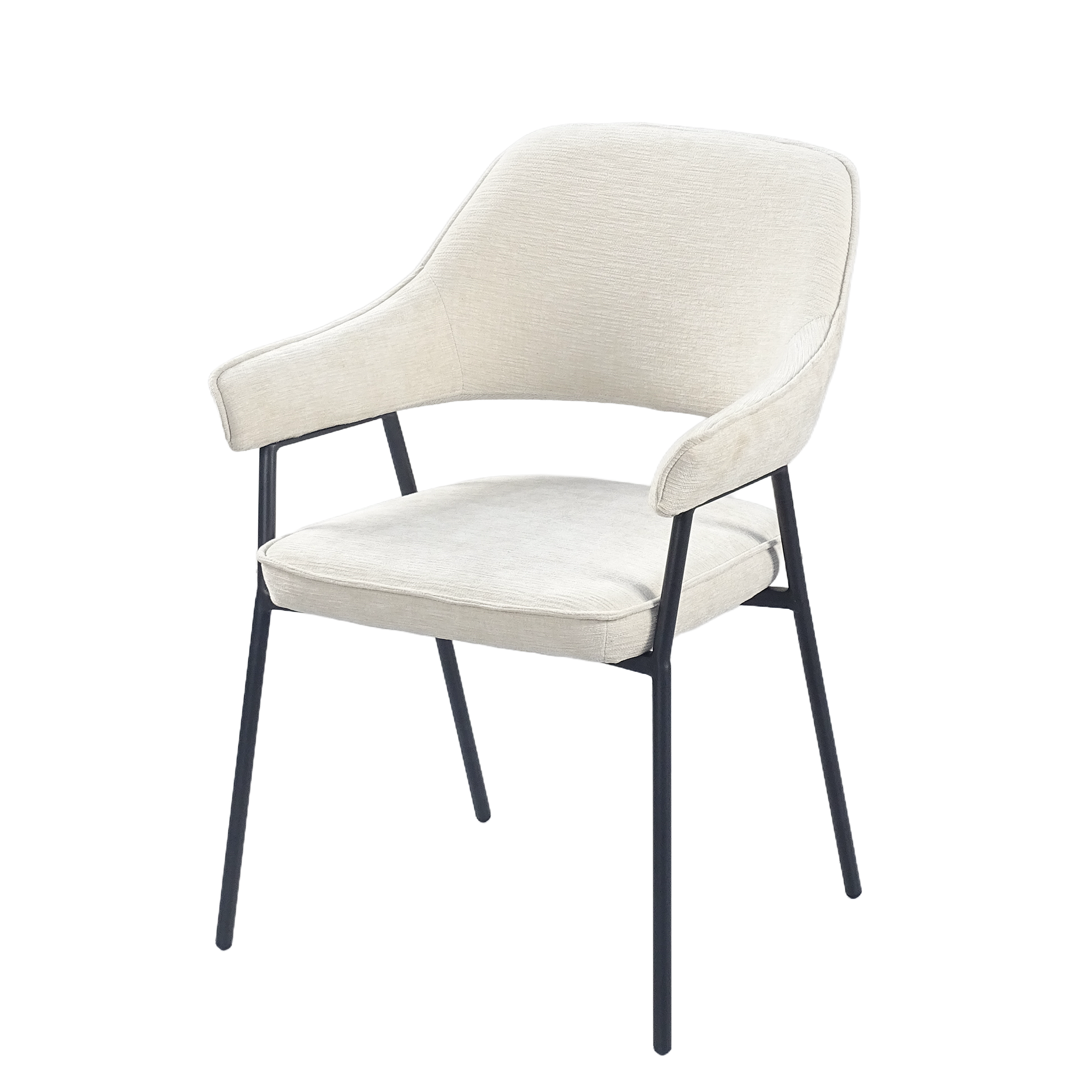 Wraparound-back dining armchair in warm white textured fabric with integrated armrests and splayed steel legs — DC-3198