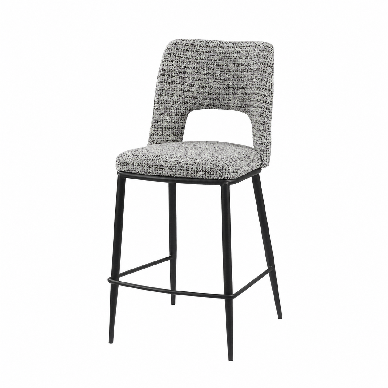 Ash grey decorative bouclé open-back counter stool showing rounded backrest cutout and tapered four-leg steel frame — BC-120