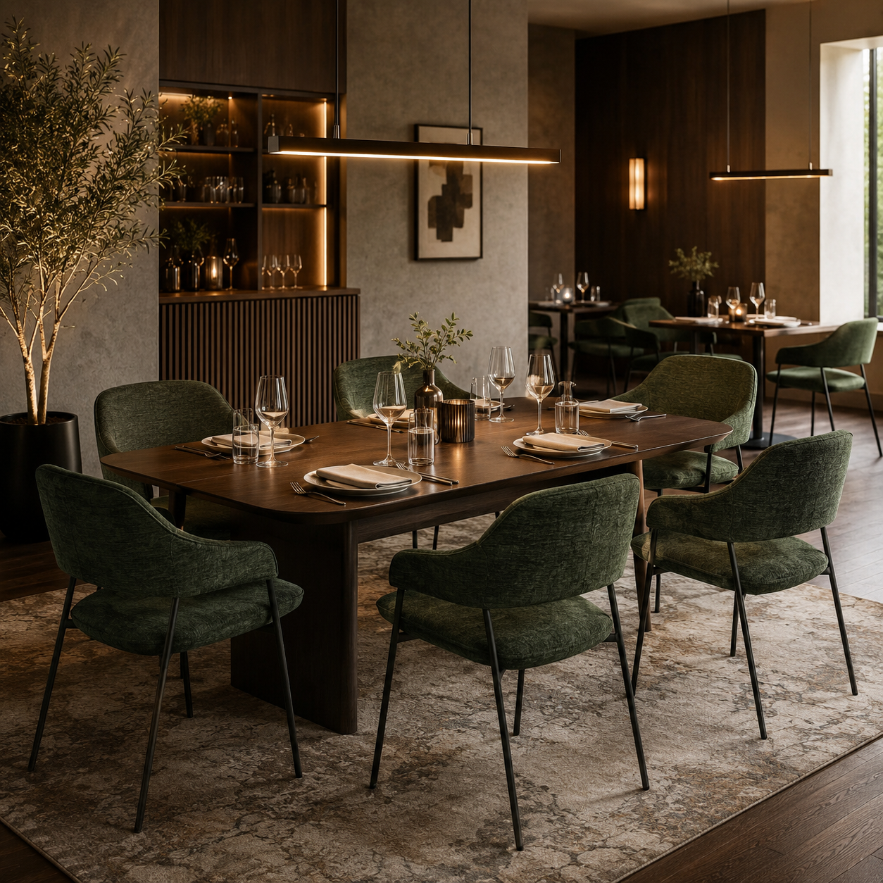Open-back dining armchairs in bottle green textured fabric arranged across a warmly lit private dining room with dark walnut tables and linear pendant lighting — DC-3198