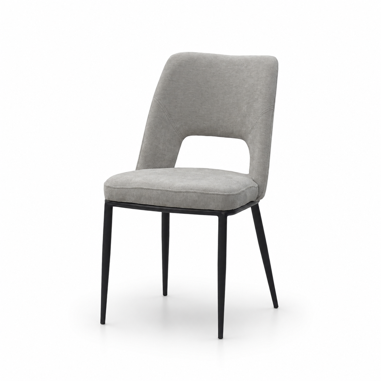 Open-back upholstered dining chair CD-3123 in Warm Grey linen-look fabric with black metal legs
