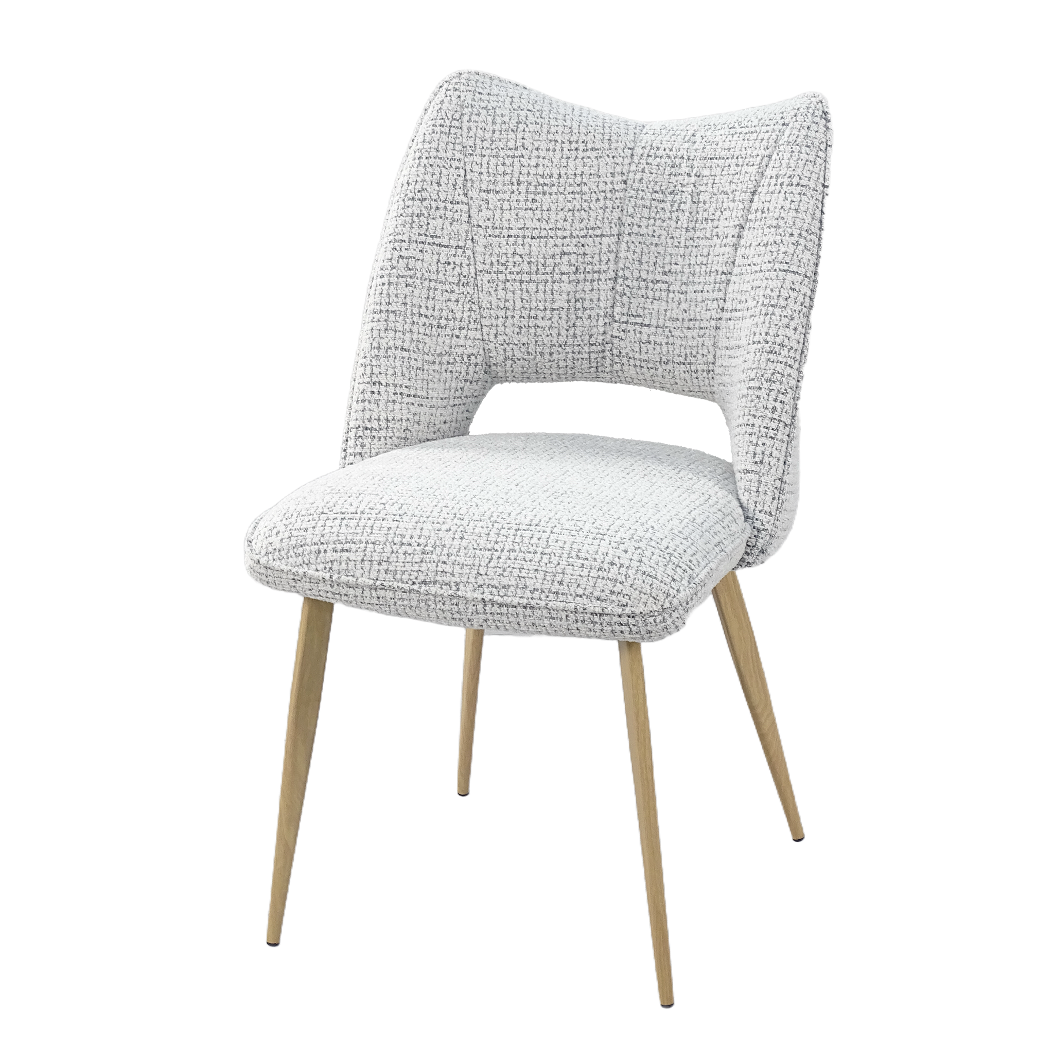 Decorative bouclé open-back winged dining chair in frost for residential dining room, wood-grain transfer print steel legs — DC-3208