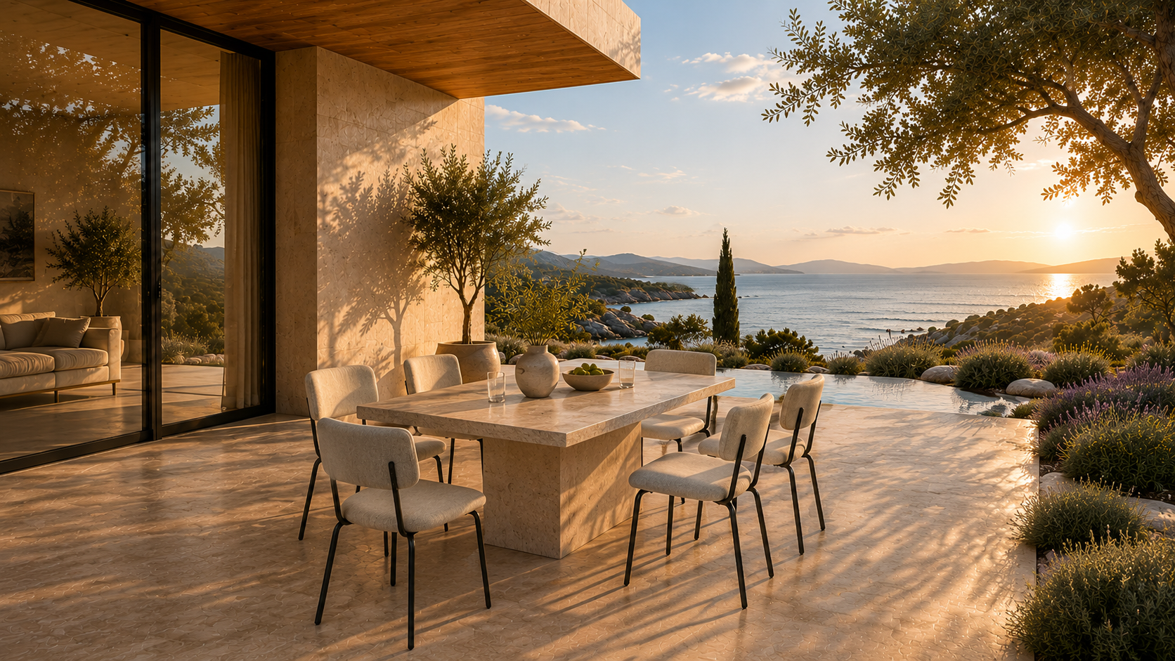 Dining Chairs in a modern outdoor villa dining space with stone table and sunset terrace view