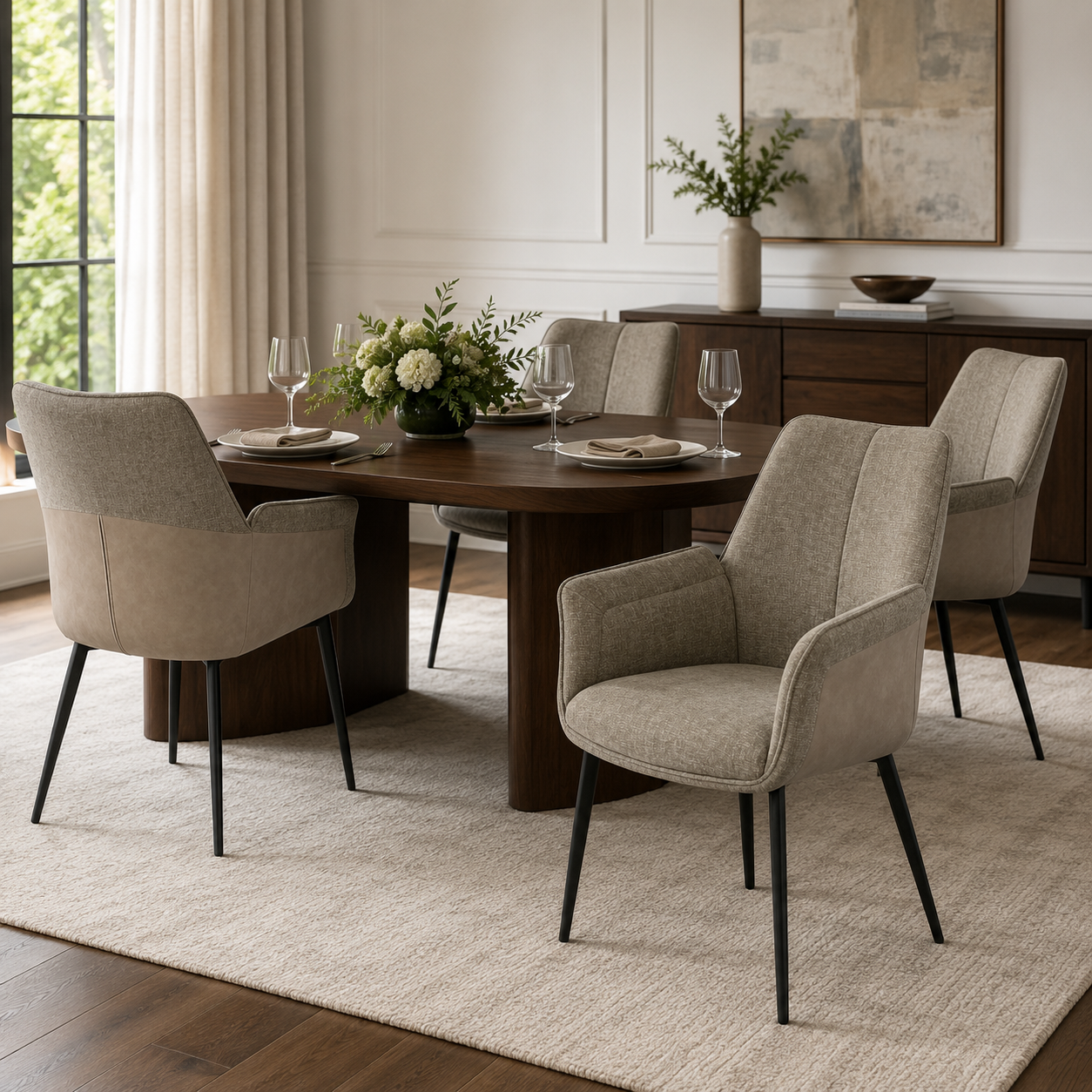 Patchwork upholstered dining armchairs in taupe arranged around oval table in open-plan residential dining room — DC-3207