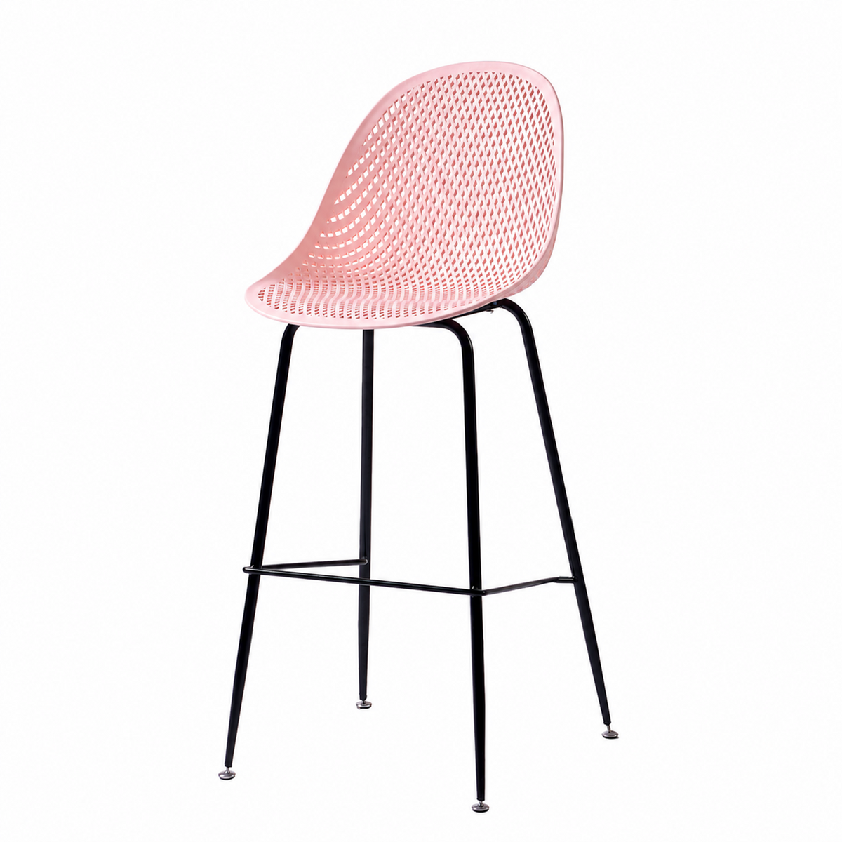 Perforated polypropylene bar stool in blush pink with curved open-lattice shell and black steel legs, PC-76