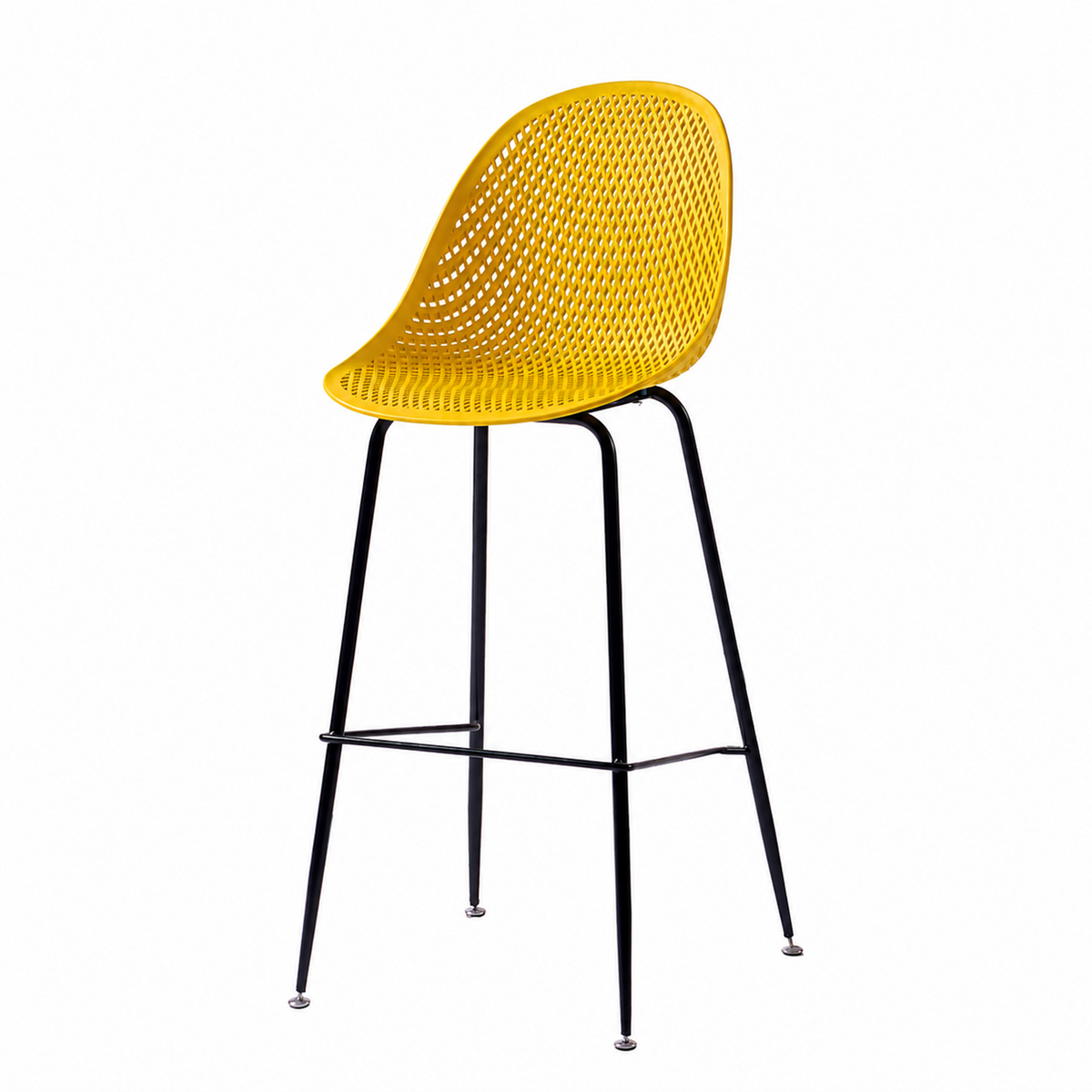 Perforated polypropylene bar stool in mustard yellow with diamond-lattice PP shell and powder-coated steel frame, PC-76