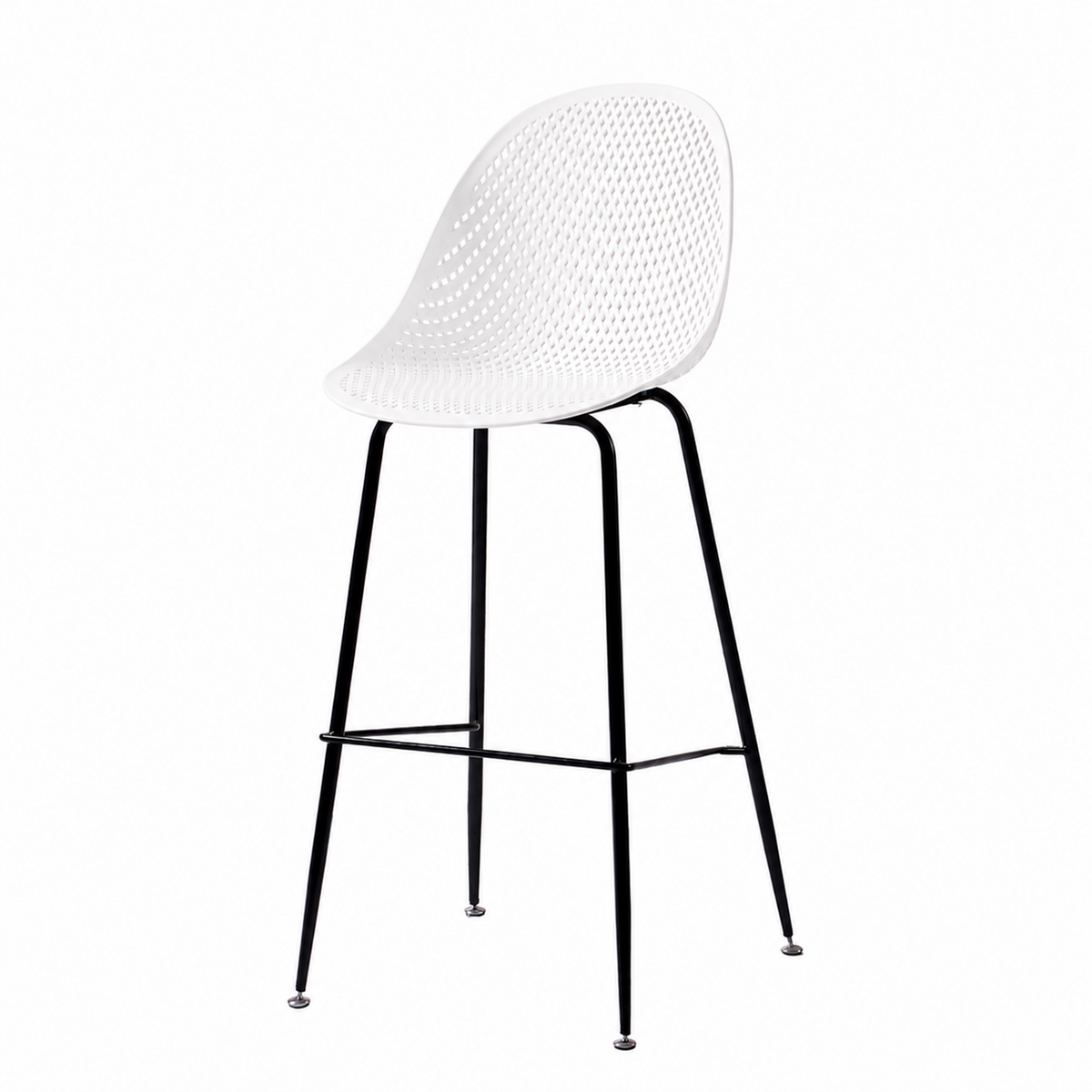 Perforated polypropylene bar stool in white with tapered black steel frame and diamond-lattice shell, PC-76