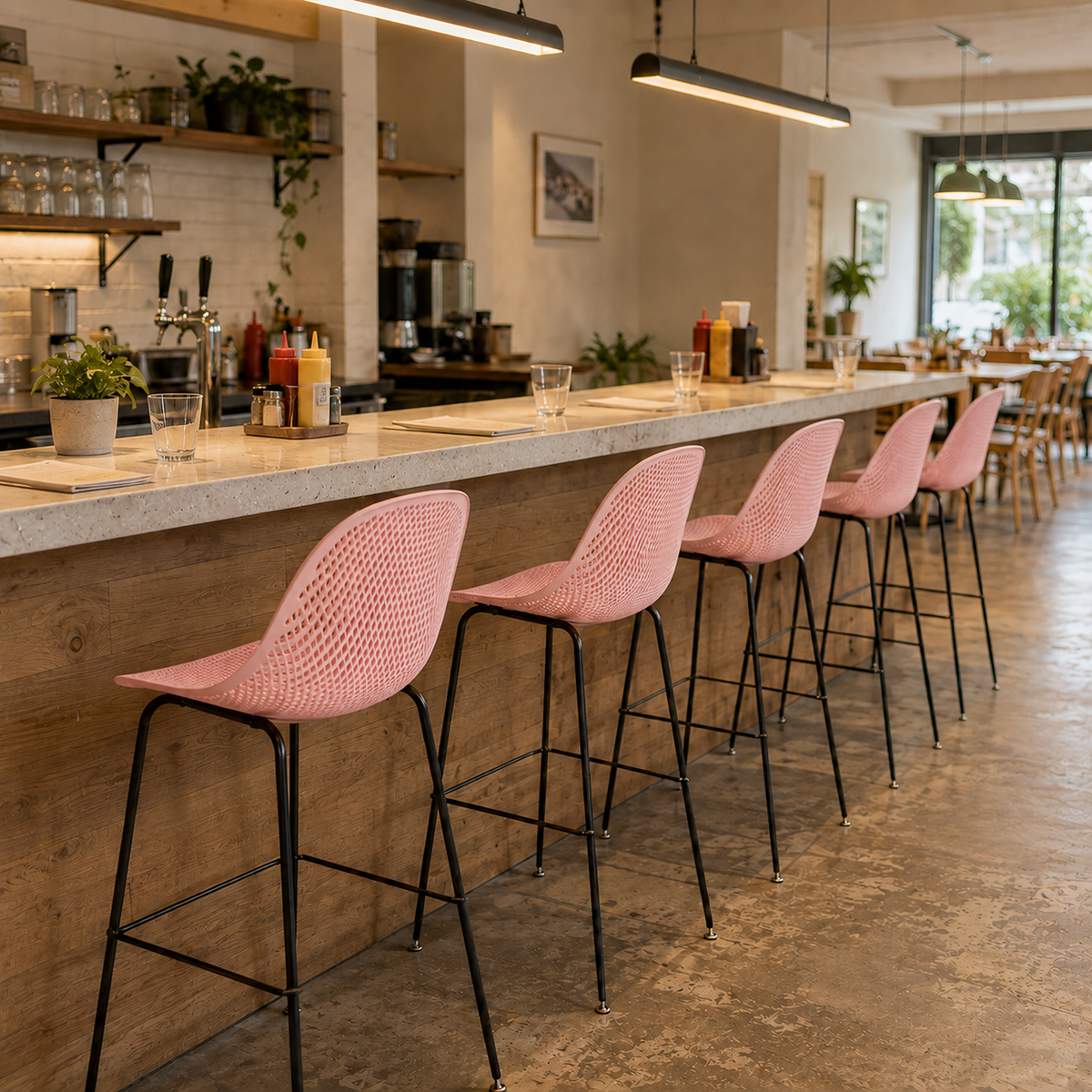 Perforated polypropylene bar stools in blush pink along a restaurant bar counter with concrete worktop and warm industrial lighting, PC-76