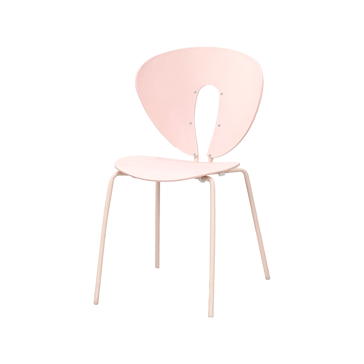 Petal-form polypropylene side chair in blush pink with exposed looped steel support and matching frame finish, PC-96