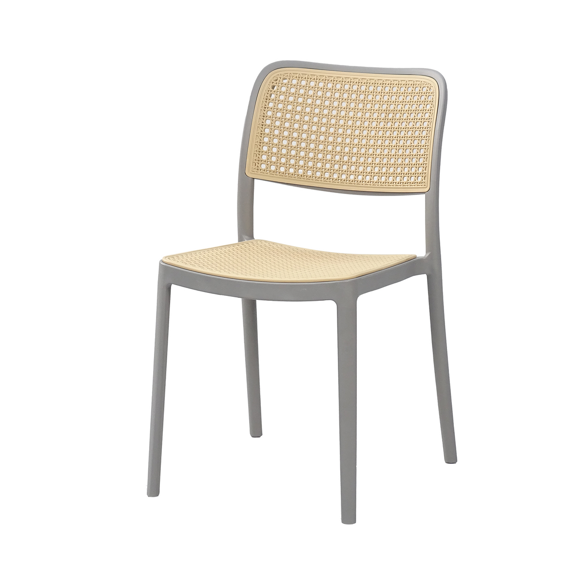 Two-tone polypropylene side chair in pebble grey frame with natural-tone woven-pattern back and seat panel PC-23