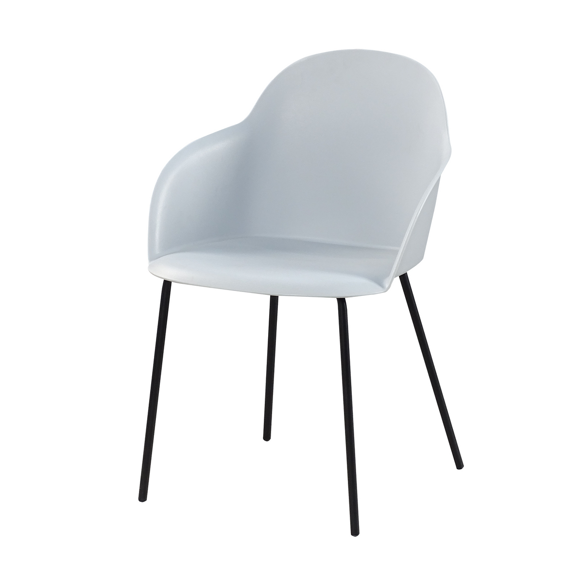 Pale blue grey shell-back polypropylene dining armchair without seat pad, black steel legs, café contract seating PC-16