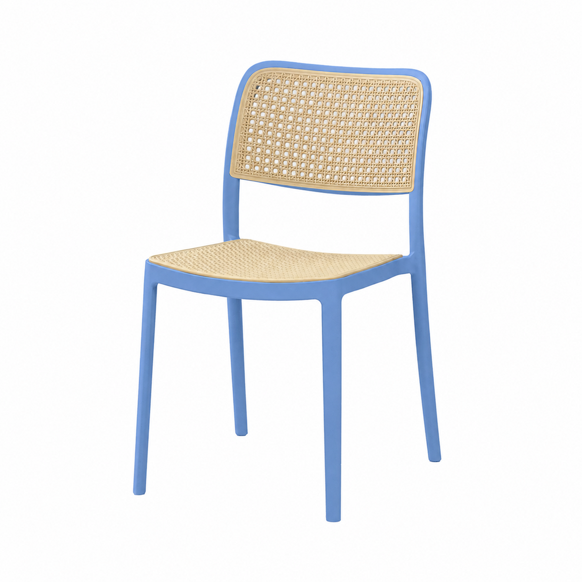 Armless polypropylene dining side chair in cornflower blue frame with cane-look woven seat and back panel PC-23