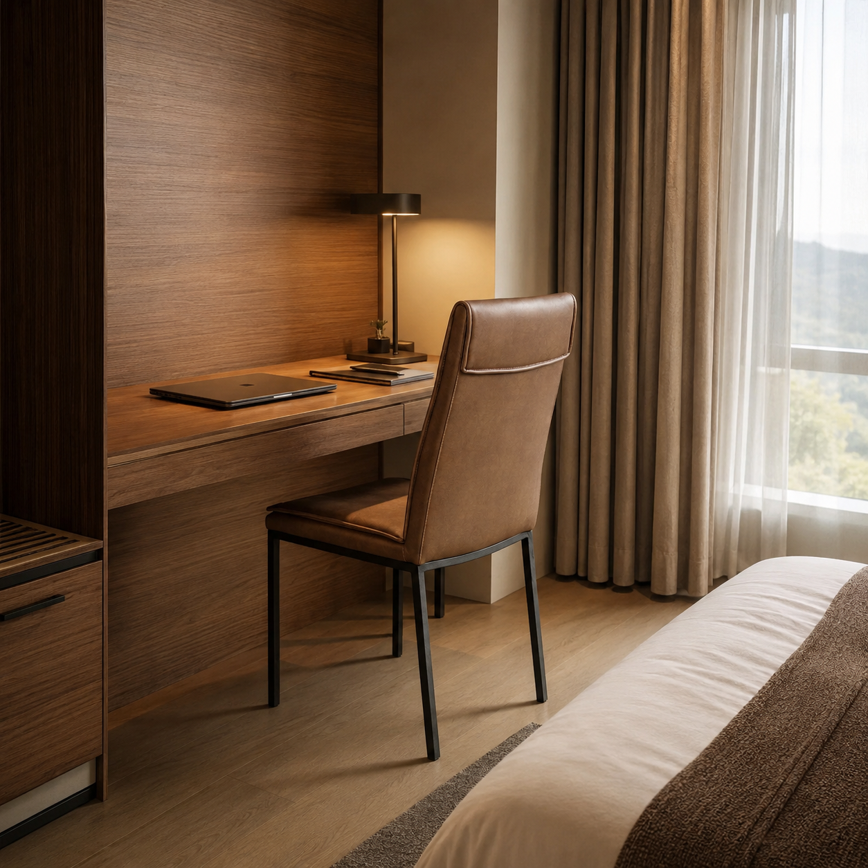 Upholstered high-back armless PU dining chair in Cognac at a hotel guestroom writing desk with warm timber panelling, DC-1552