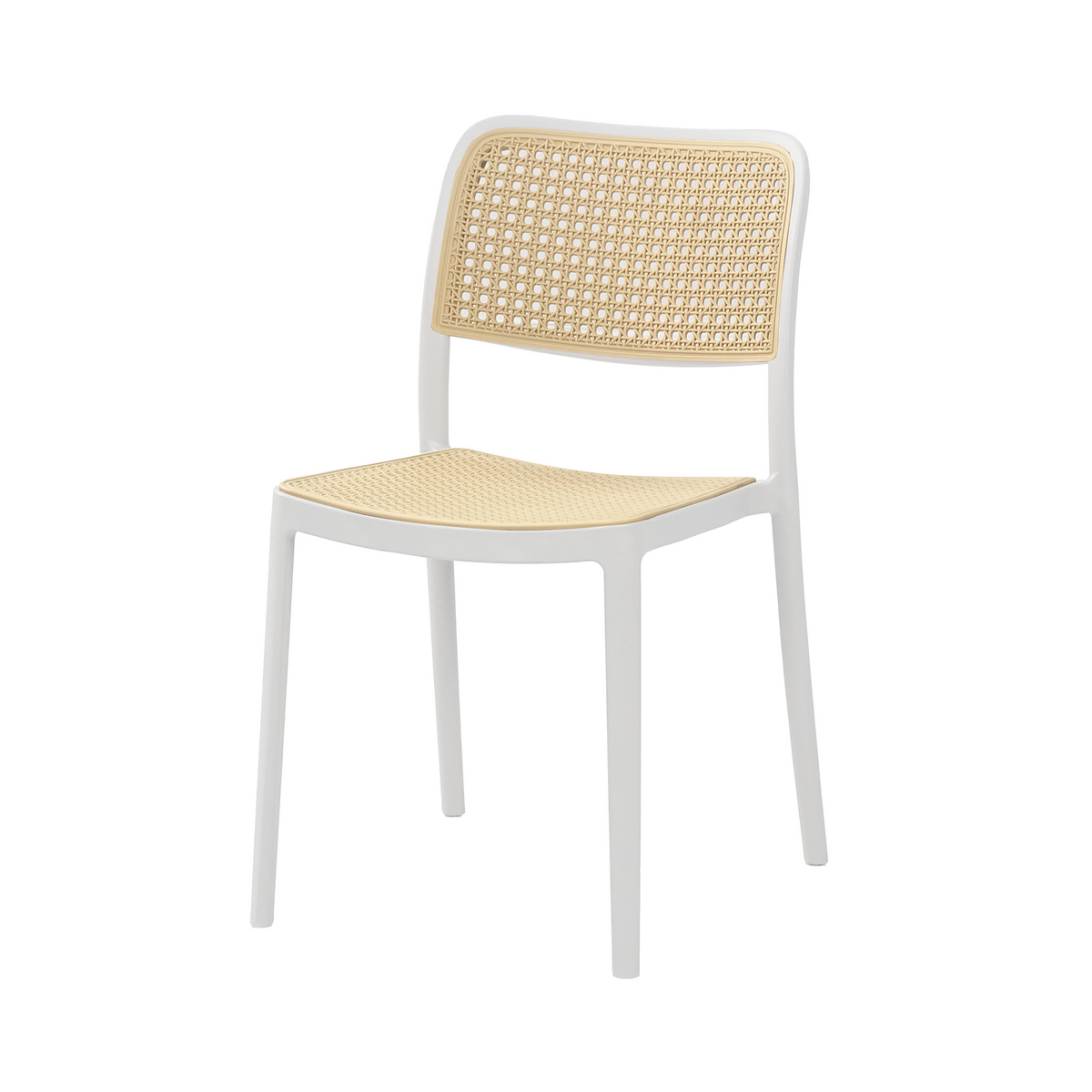 Rattan-look PP side chair in white frame with natural-tone cane-pattern seat and back panel suited to café and residential dining PC-23