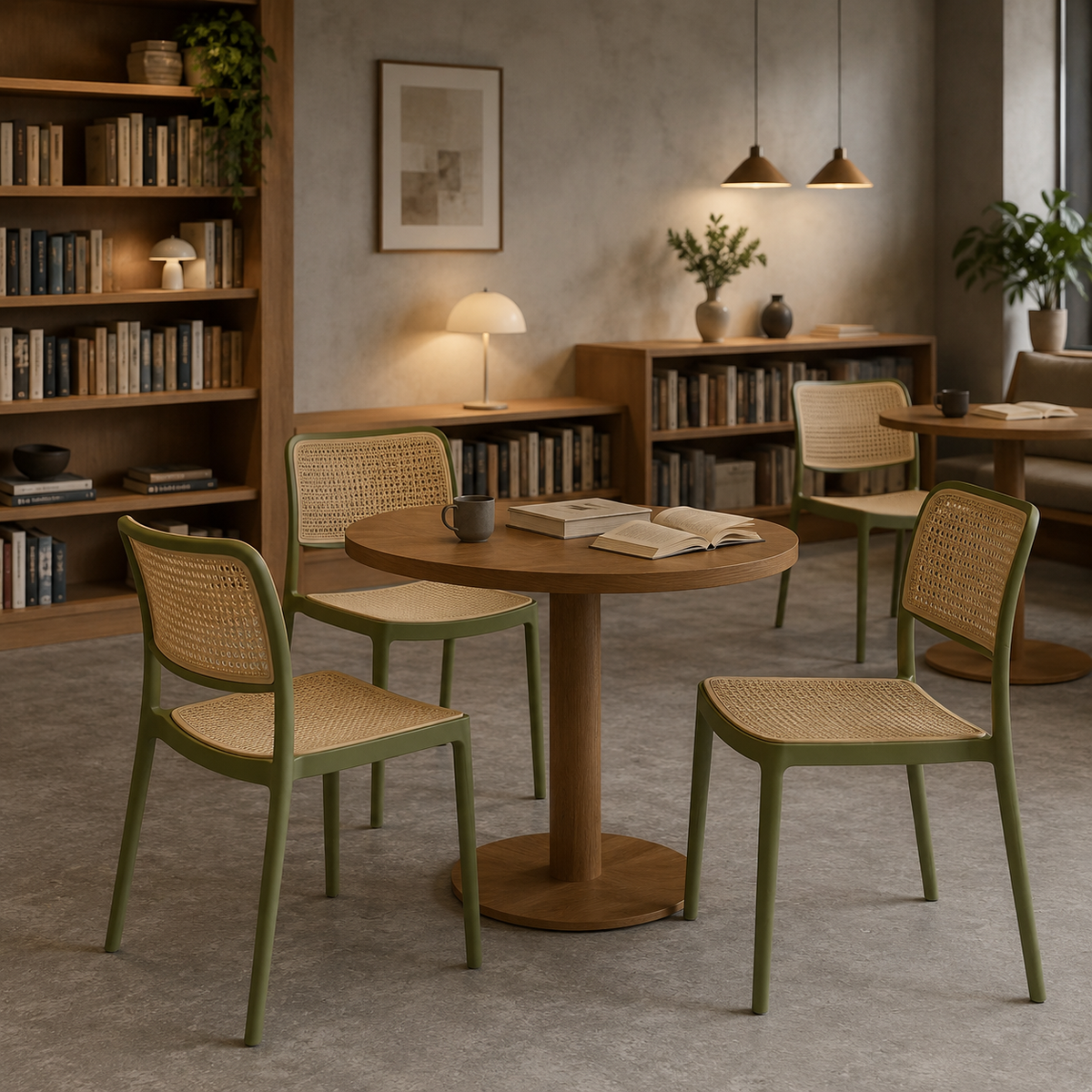 Four olive rattan-look polypropylene side chairs arranged around a round wood pedestal table in a library café dining setting PC-23
