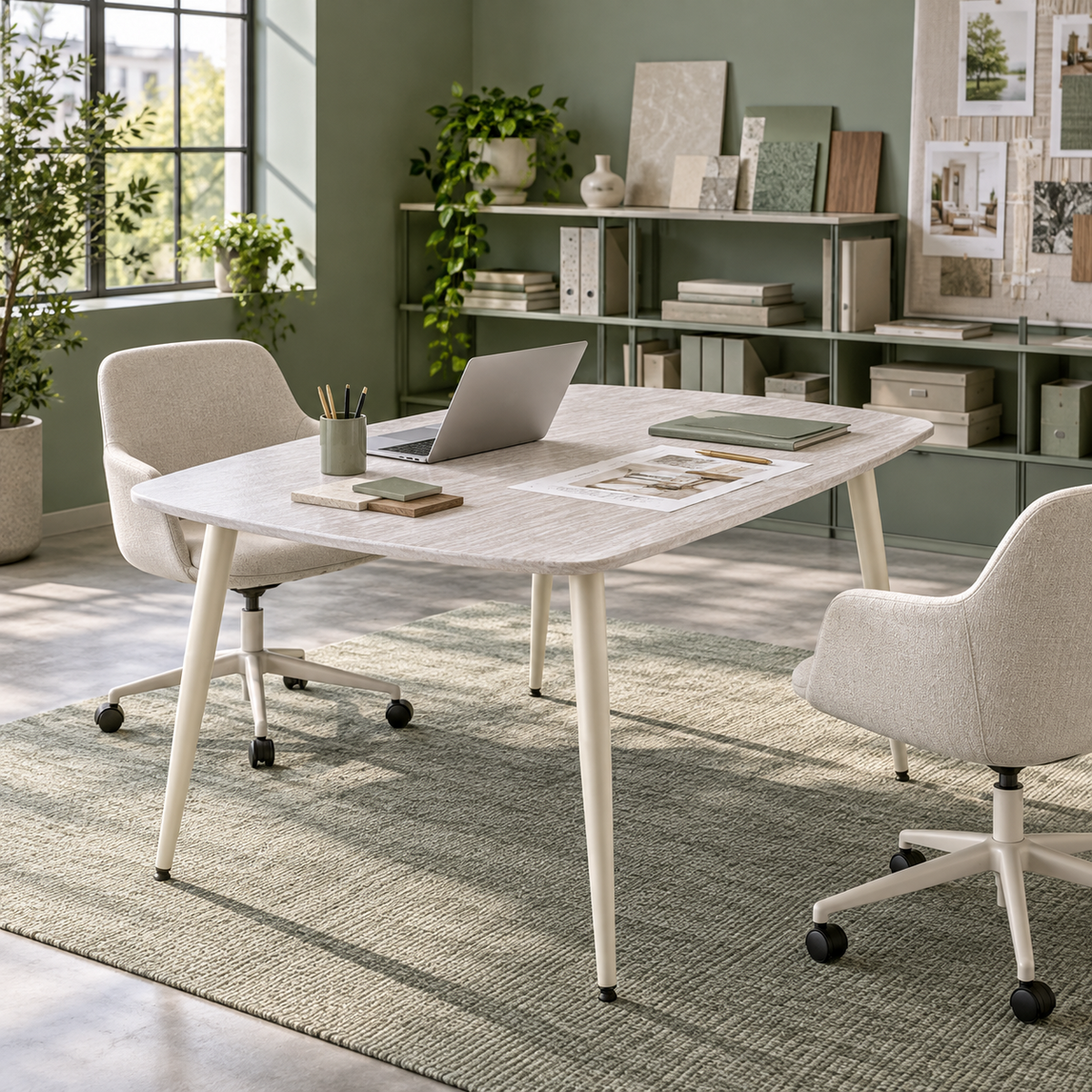 Reverse-bevel dining table with swivel task chairs in a sunlit creative studio workspace, T-173