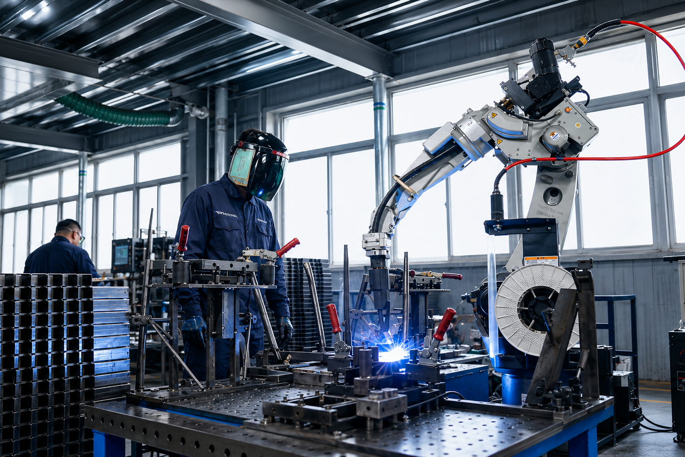 Robotic welding workstation for OEM furniture metal frame production in GEYA Seating workshop
