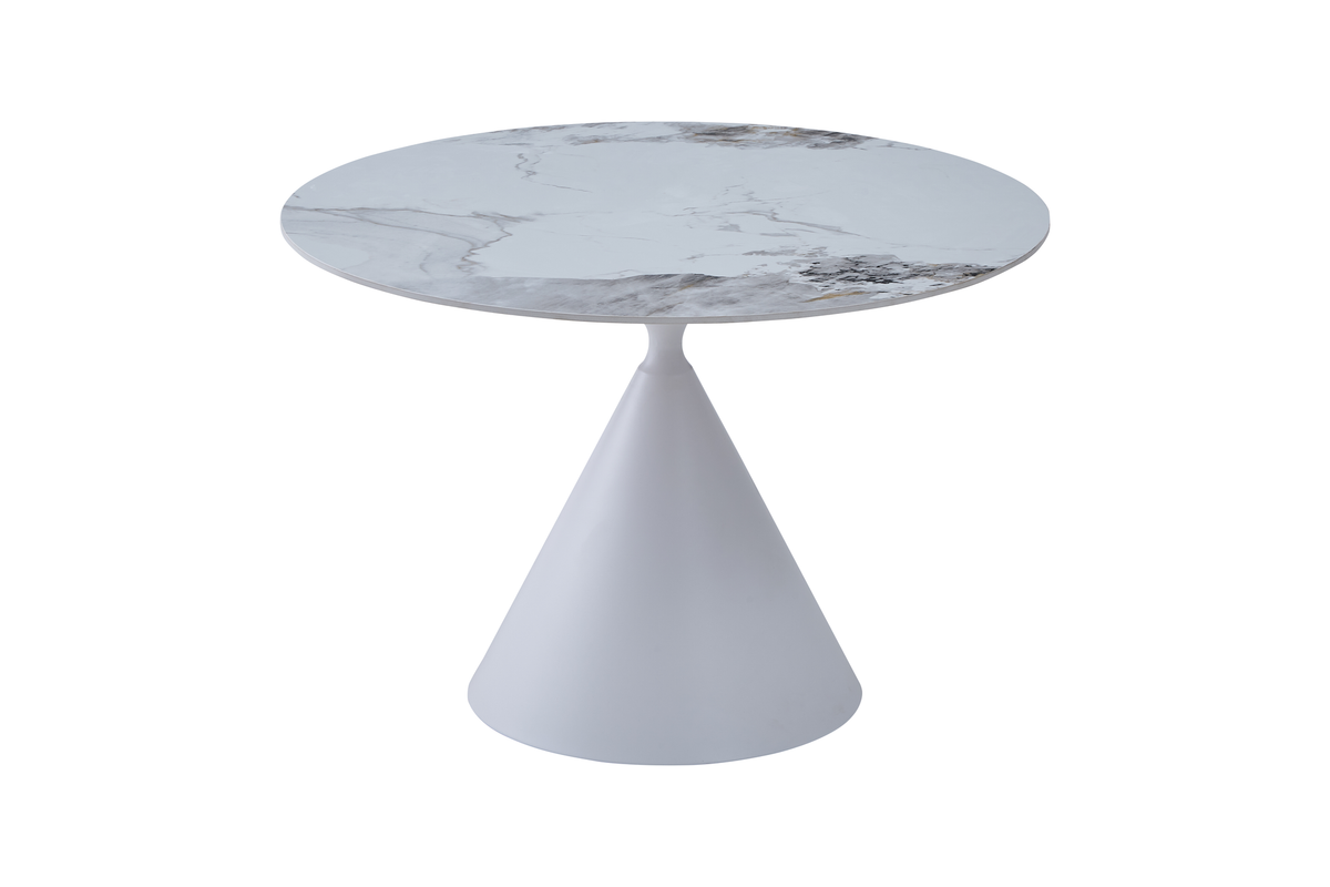 Round sintered stone dining table with white conical base for contemporary dining, GEYA Seating T-133